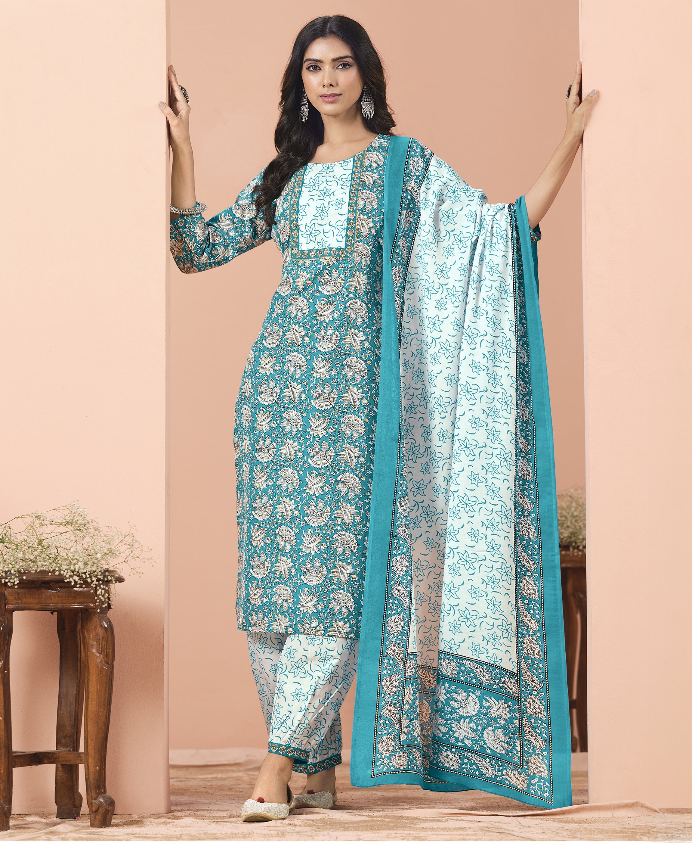Her Couture Women's Teal Cotton Floral & Leaf Print Straight Kurta With Afghani Salwar & Printed Dupatta