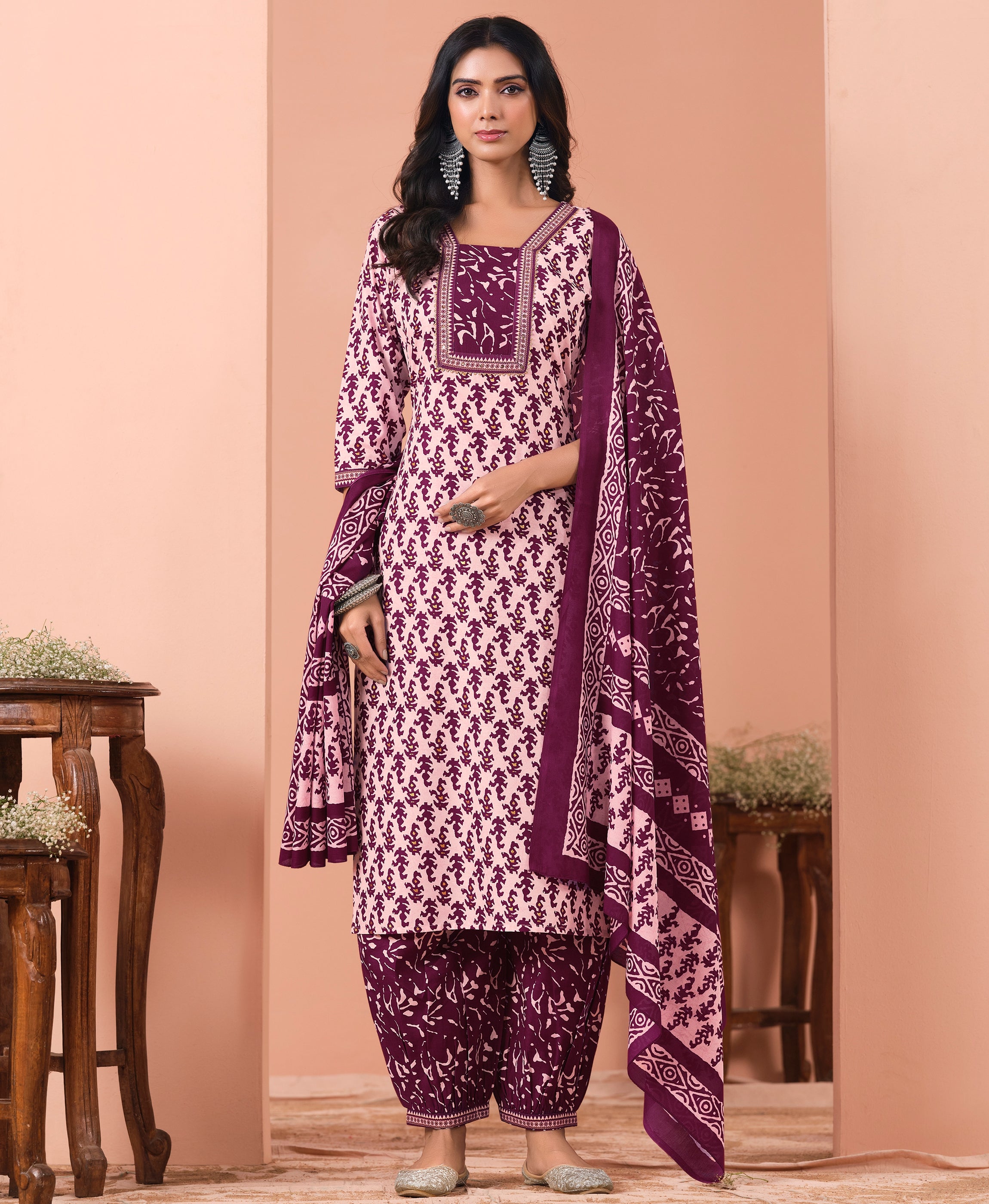 Her Couture Women's Wine Cotton Geometric Straight Kurta With Afghani Salwar & Printed Dupatta