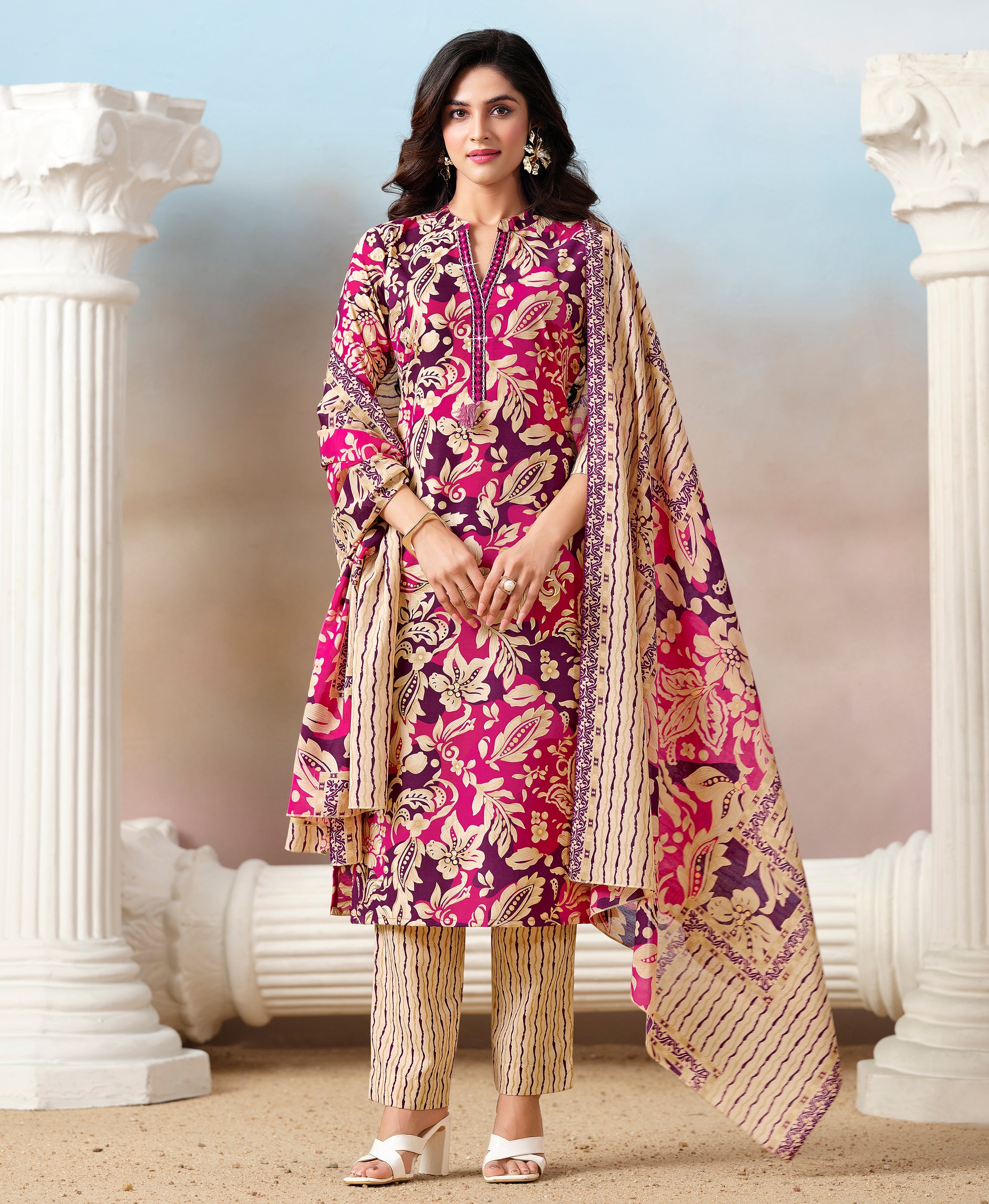 Purple Cotton Straight Festive & Party Kurta Set by Her Couture