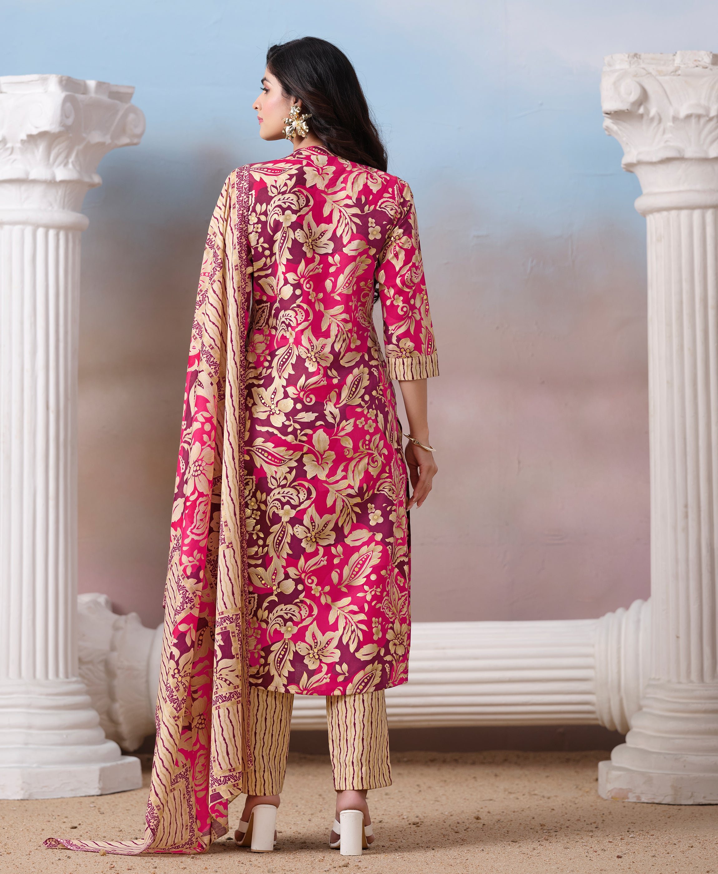 Her Couture Women's Purple Cotton Floral & Leaf Print Straight Kurta With Pant & Printed Dupatta