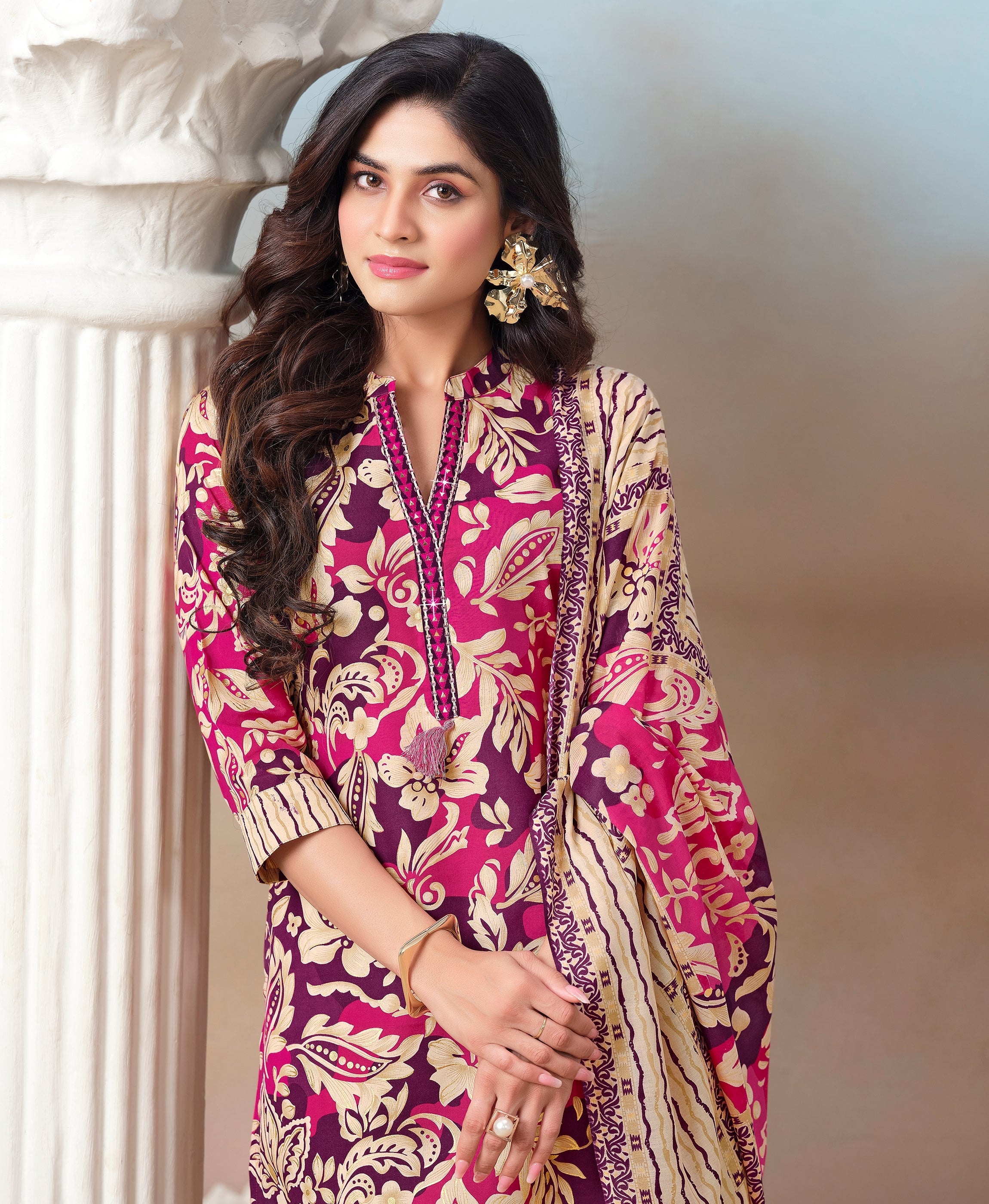 Her Couture Women's Purple Cotton Floral & Leaf Print Straight Kurta With Pant & Printed Dupatta