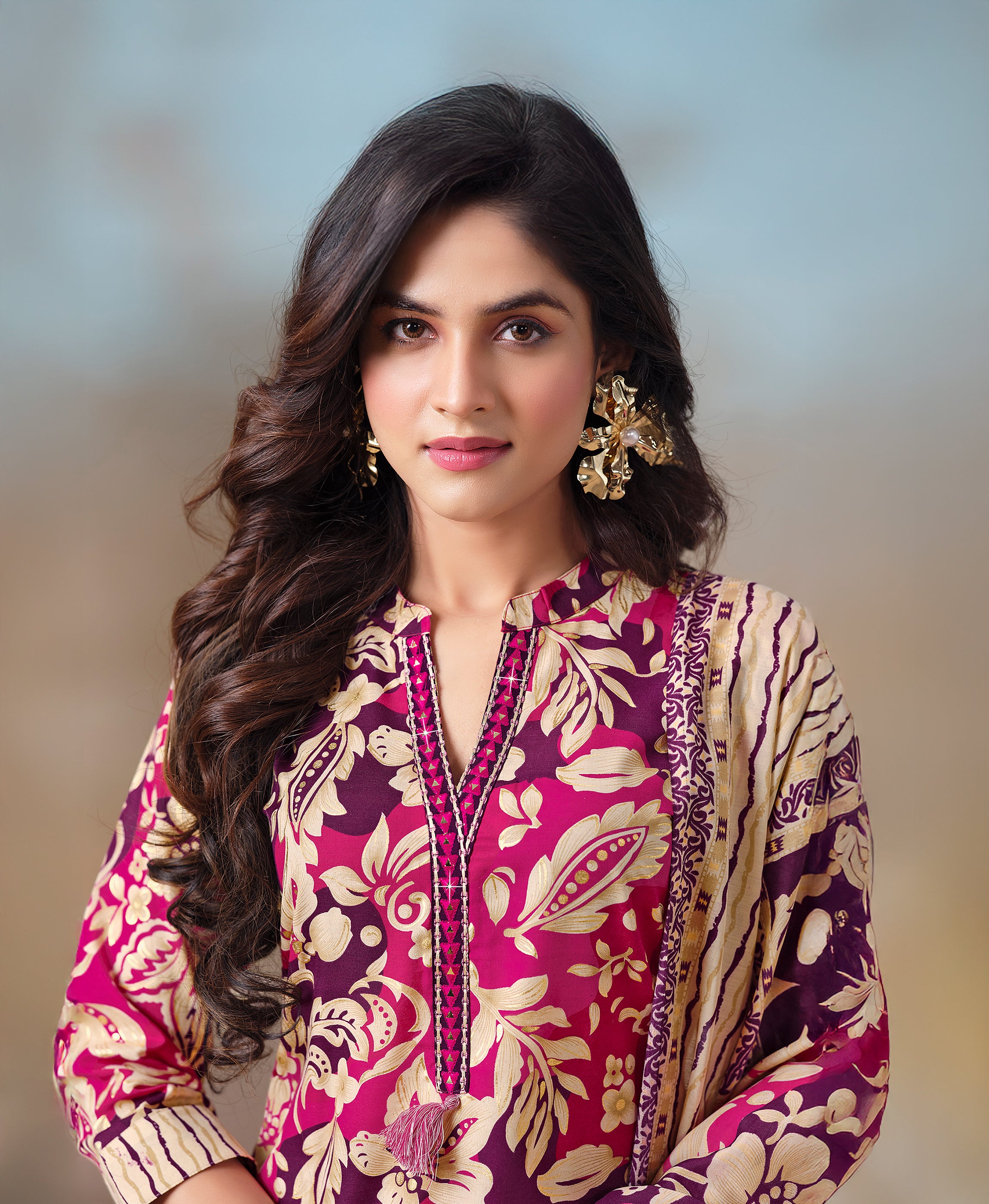 Her Couture Women's Purple Cotton Floral & Leaf Print Straight Kurta With Pant & Printed Dupatta