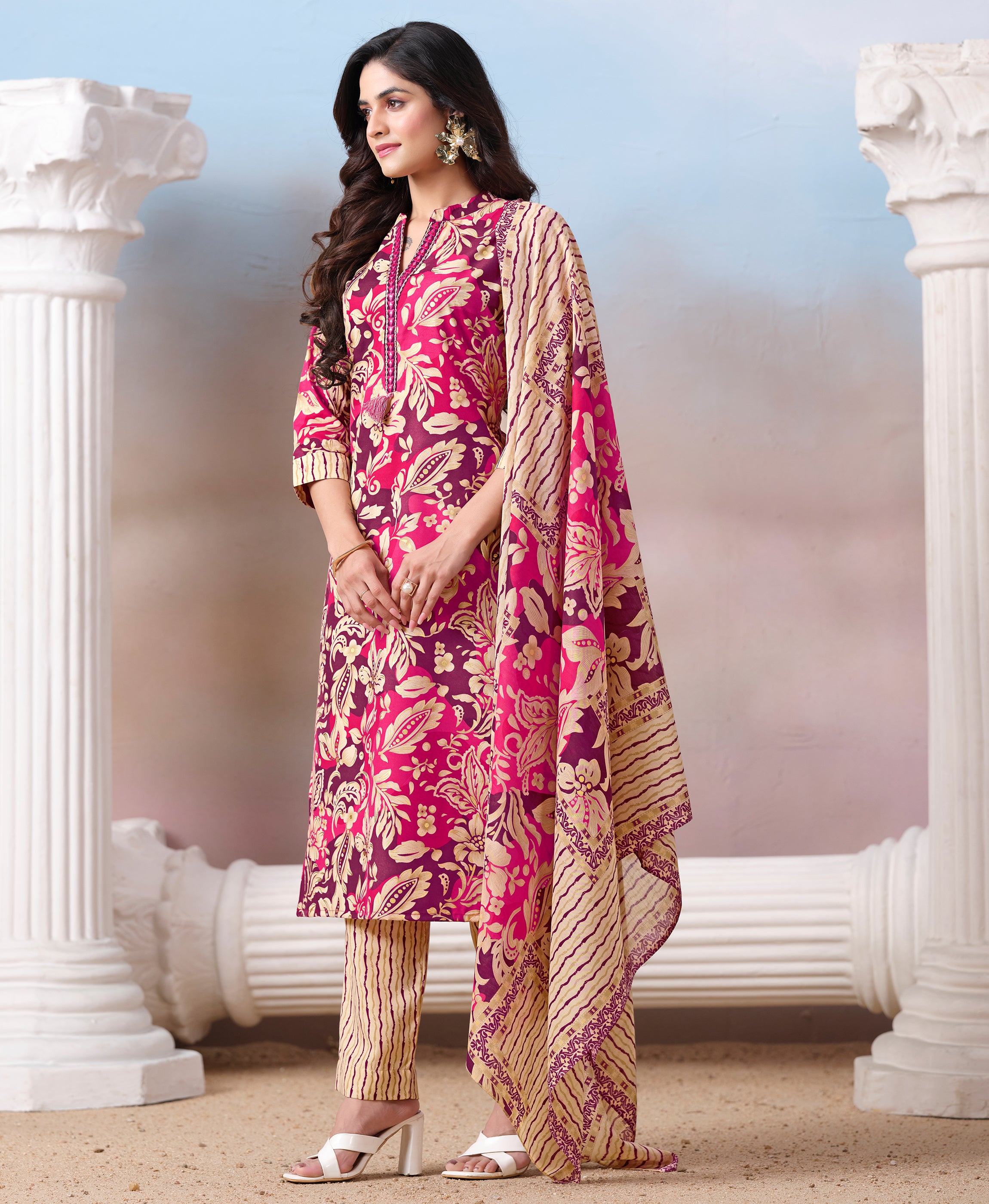 Her Couture Women's Purple Cotton Floral & Leaf Print Straight Kurta With Pant & Printed Dupatta