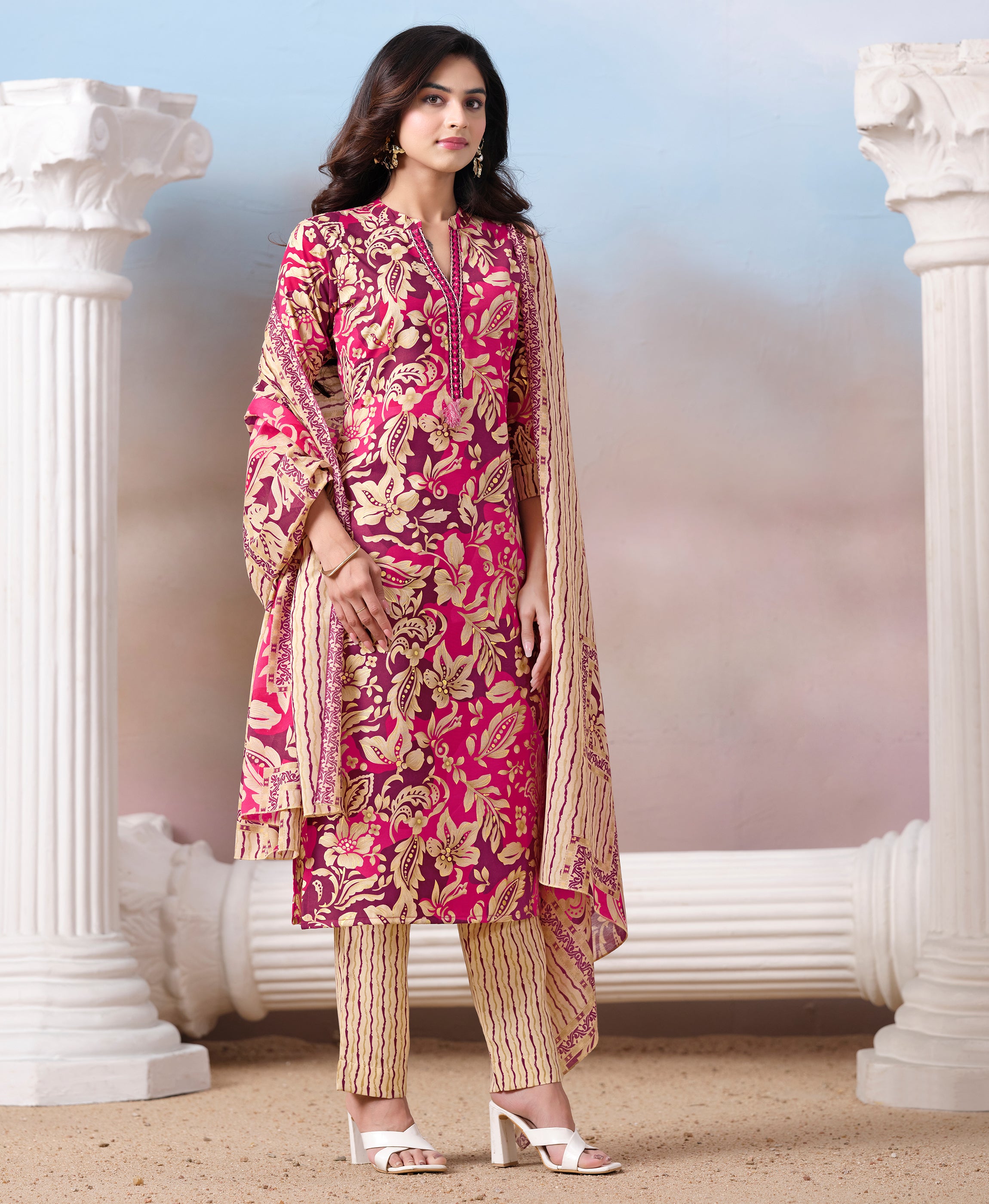Her Couture Women's Purple Cotton Floral & Leaf Print Straight Kurta With Pant & Printed Dupatta