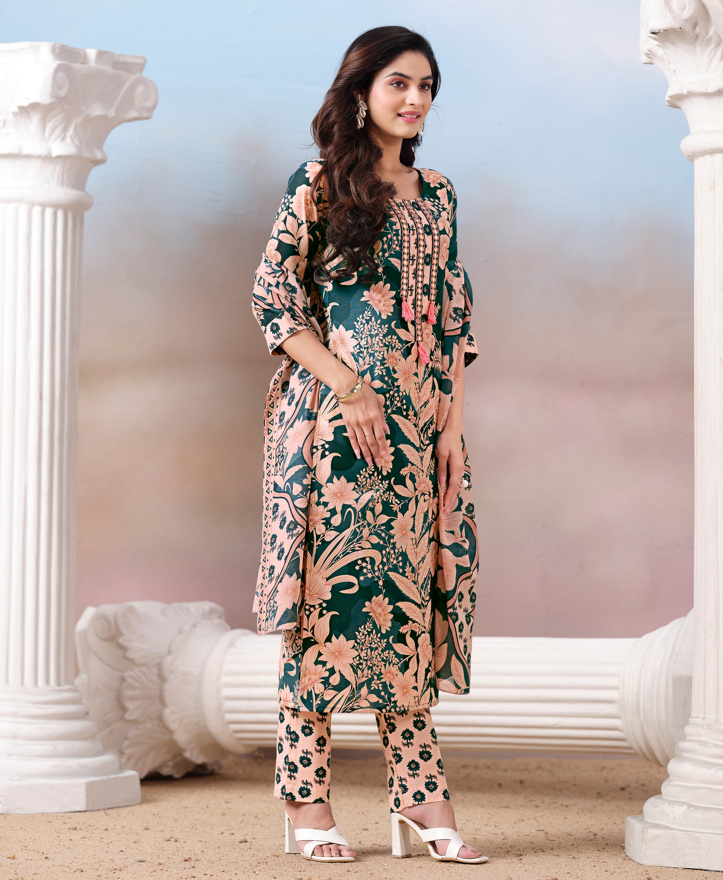 Her Couture Women's Multicolor Cotton Floral & Leaf Print Straight Kurta With Pant & Printed Dupatta
