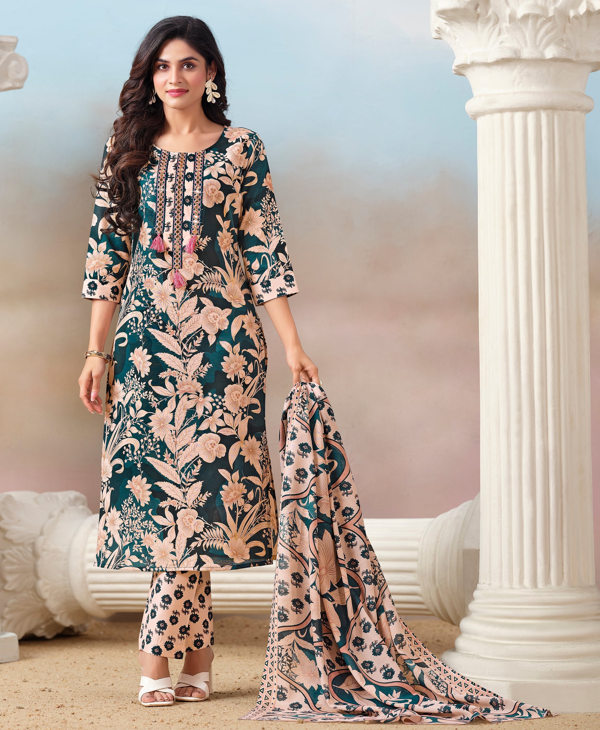 Multicolor Cotton Straight Festive & Party Kurta Set by Her Couture