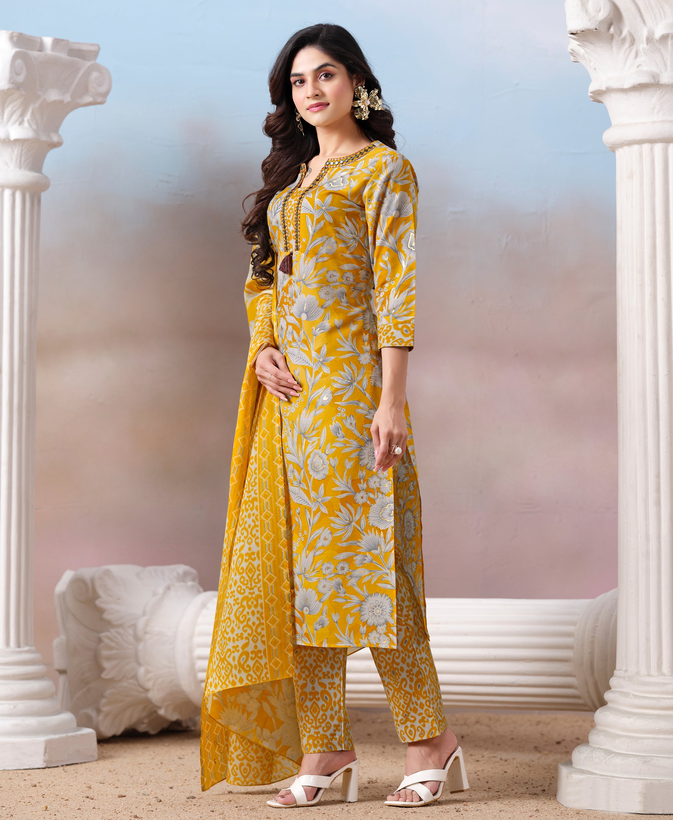 Her Couture Women's Yellow Cotton Floral & Leaf Print Straight Kurta With Pant & Printed Dupatta
