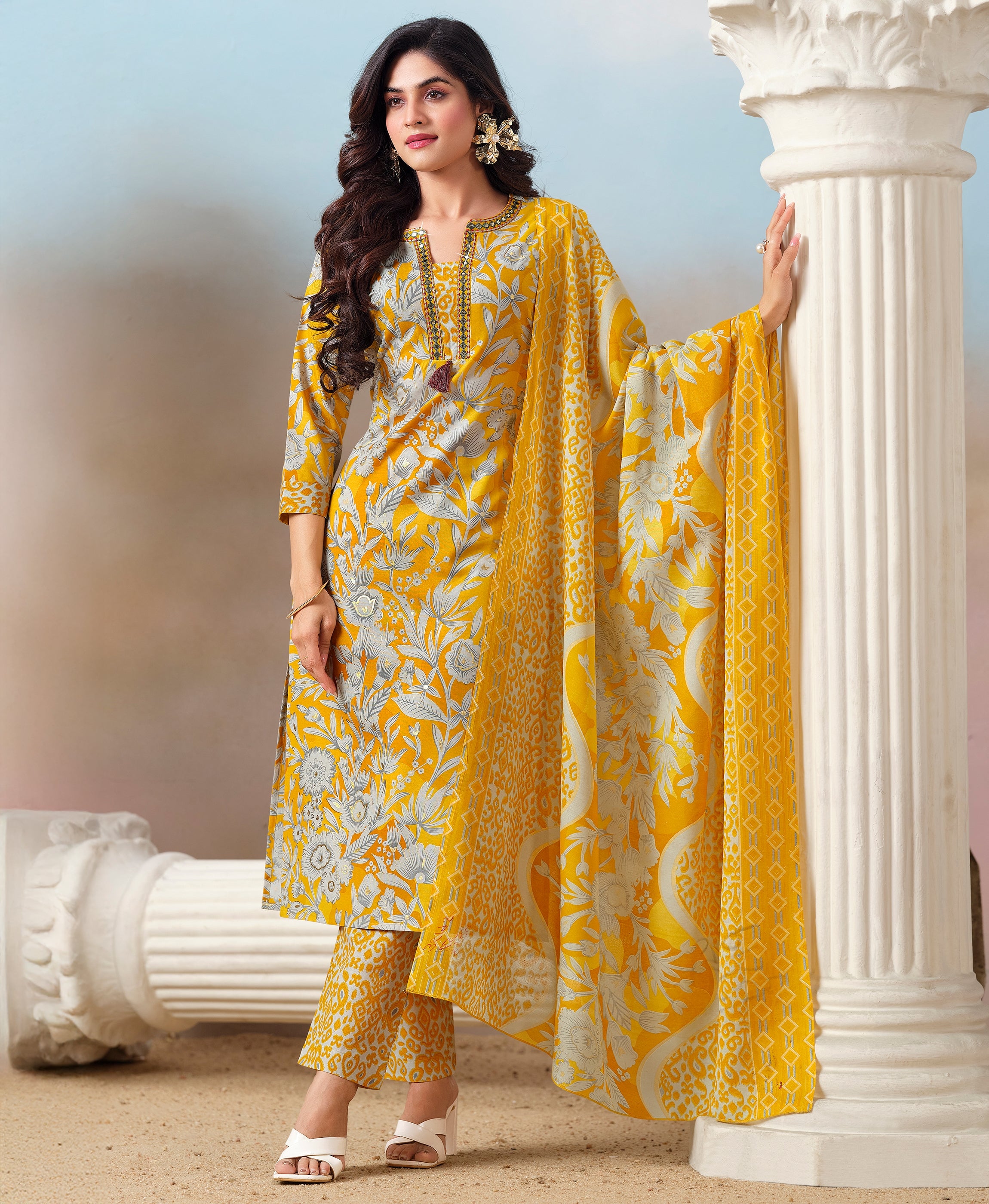 Yellow Cotton Straight Festive & Party Kurta Set by Her Couture