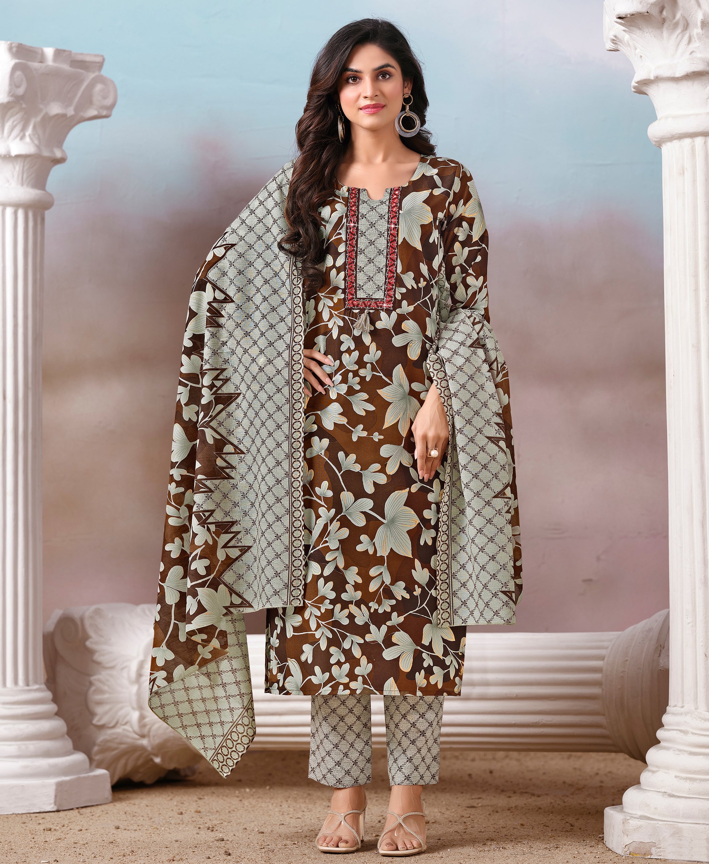 Brown Cotton Straight Festive & Party Kurta Set by Her Couture
