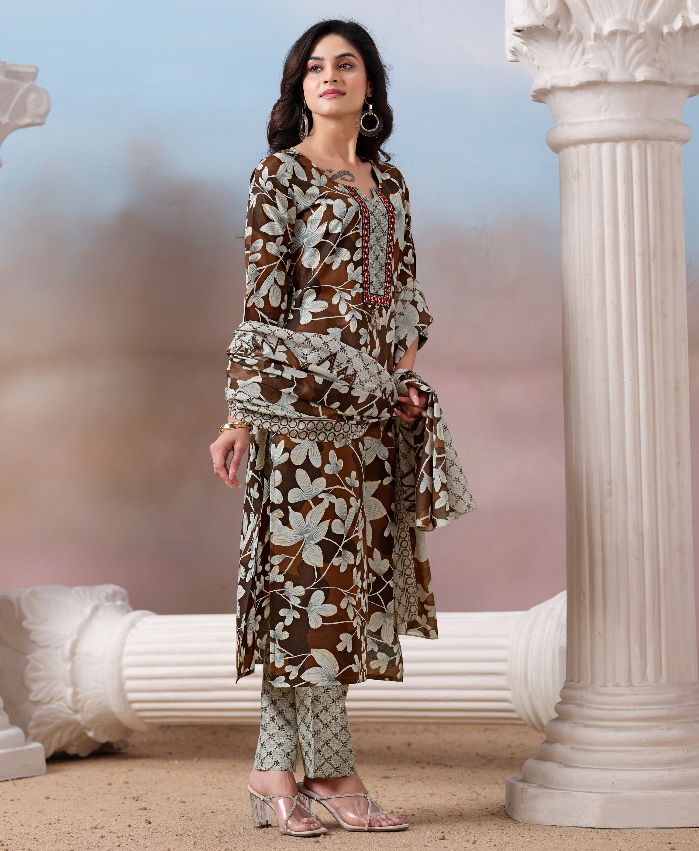 Her Couture Women's Brown Cotton Floral & Leaf Print Straight Kurta With Pant & Printed Dupatta