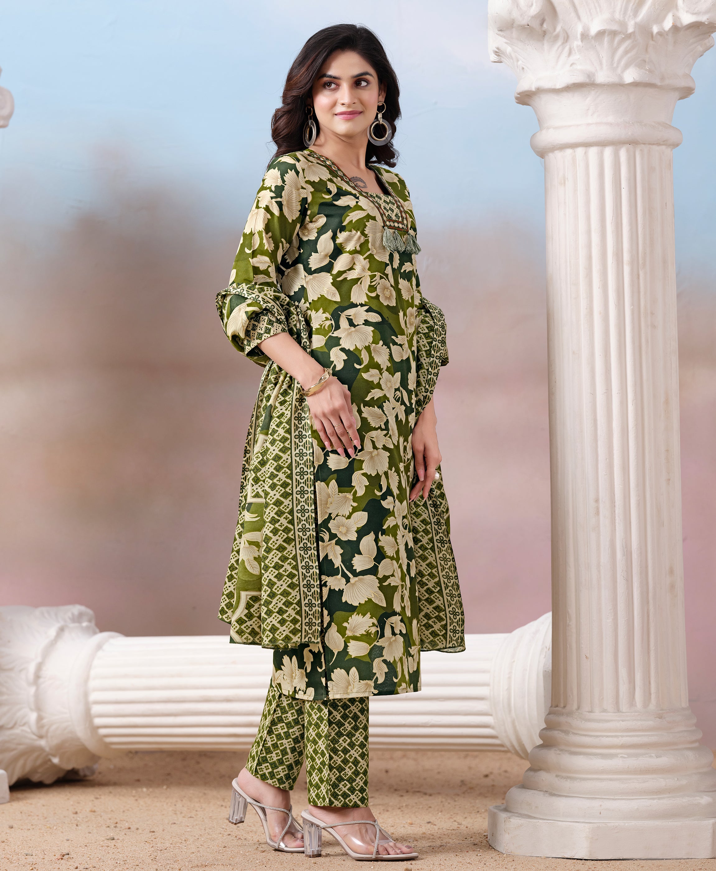 Her Couture Women's Green Cotton Floral & Leaf Print Straight Kurta With Pant & Printed Dupatta