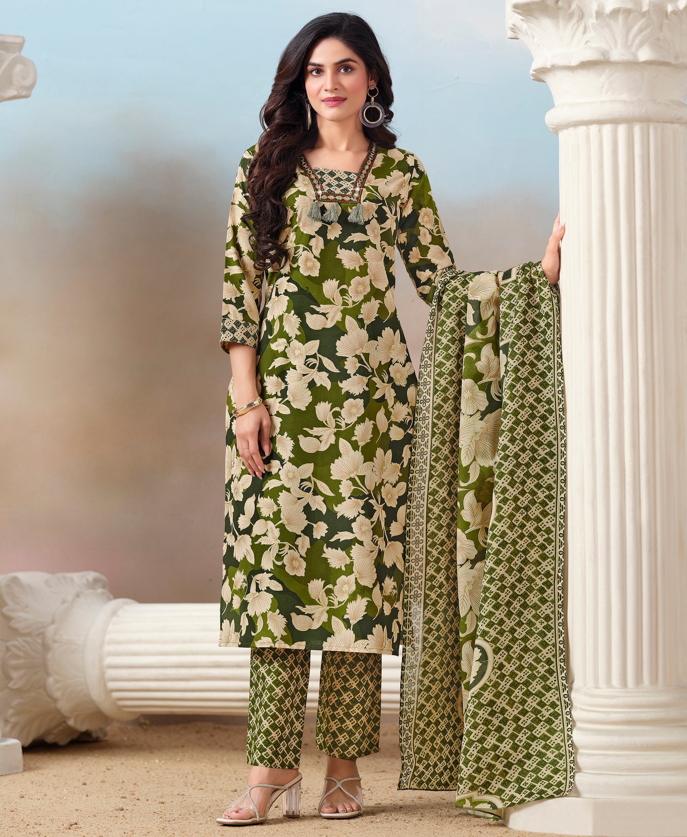 Green Cotton Straight Festive & Party Kurta Set by Her Couture