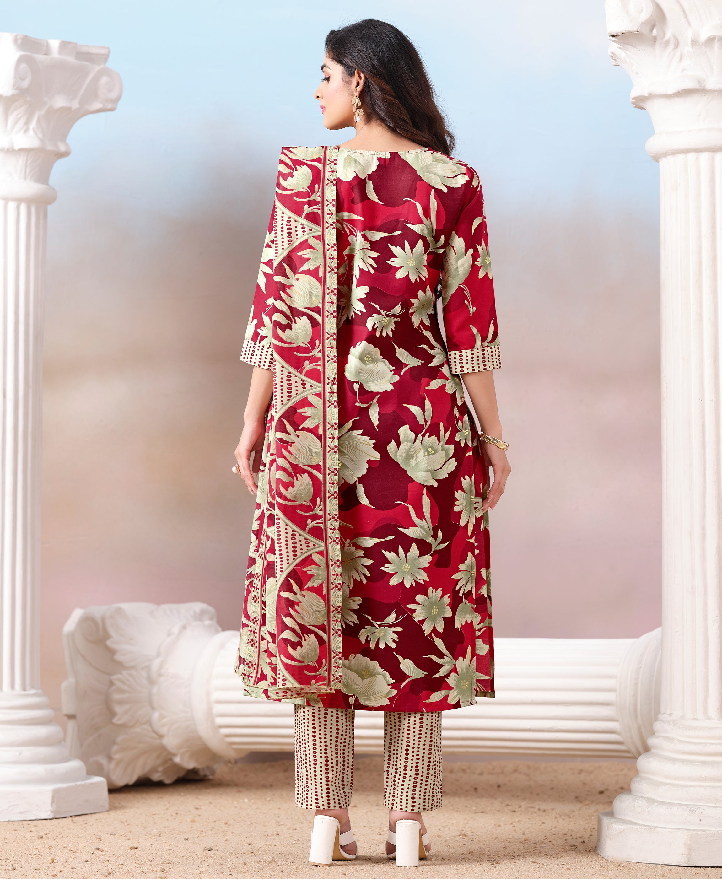 Her Couture Women's Red Cotton Floral & Leaf Print Straight Kurta With Pant & Printed Dupatta