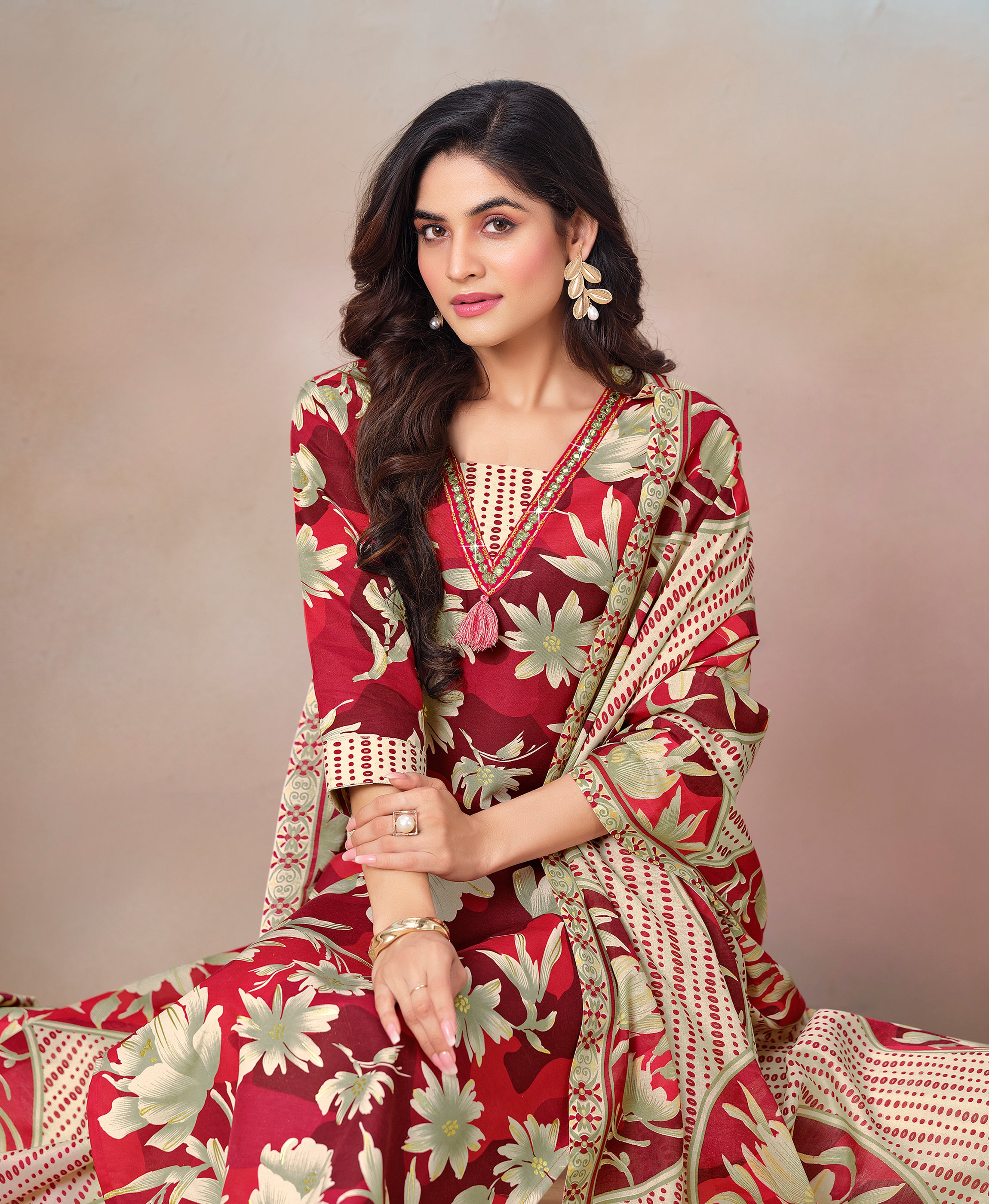 Her Couture Women's Red Cotton Floral & Leaf Print Straight Kurta With Pant & Printed Dupatta