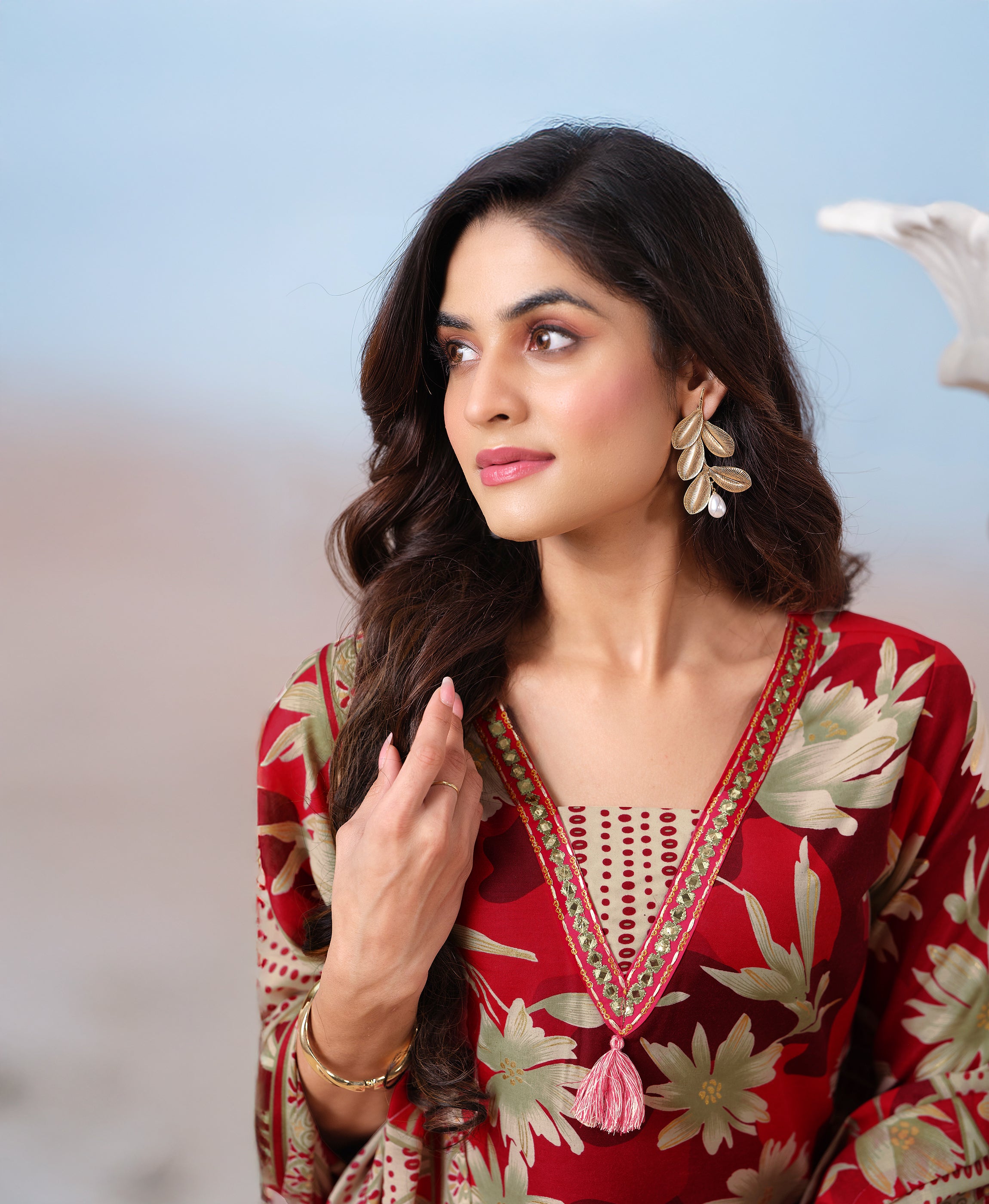 Her Couture Women's Red Cotton Floral & Leaf Print Straight Kurta With Pant & Printed Dupatta