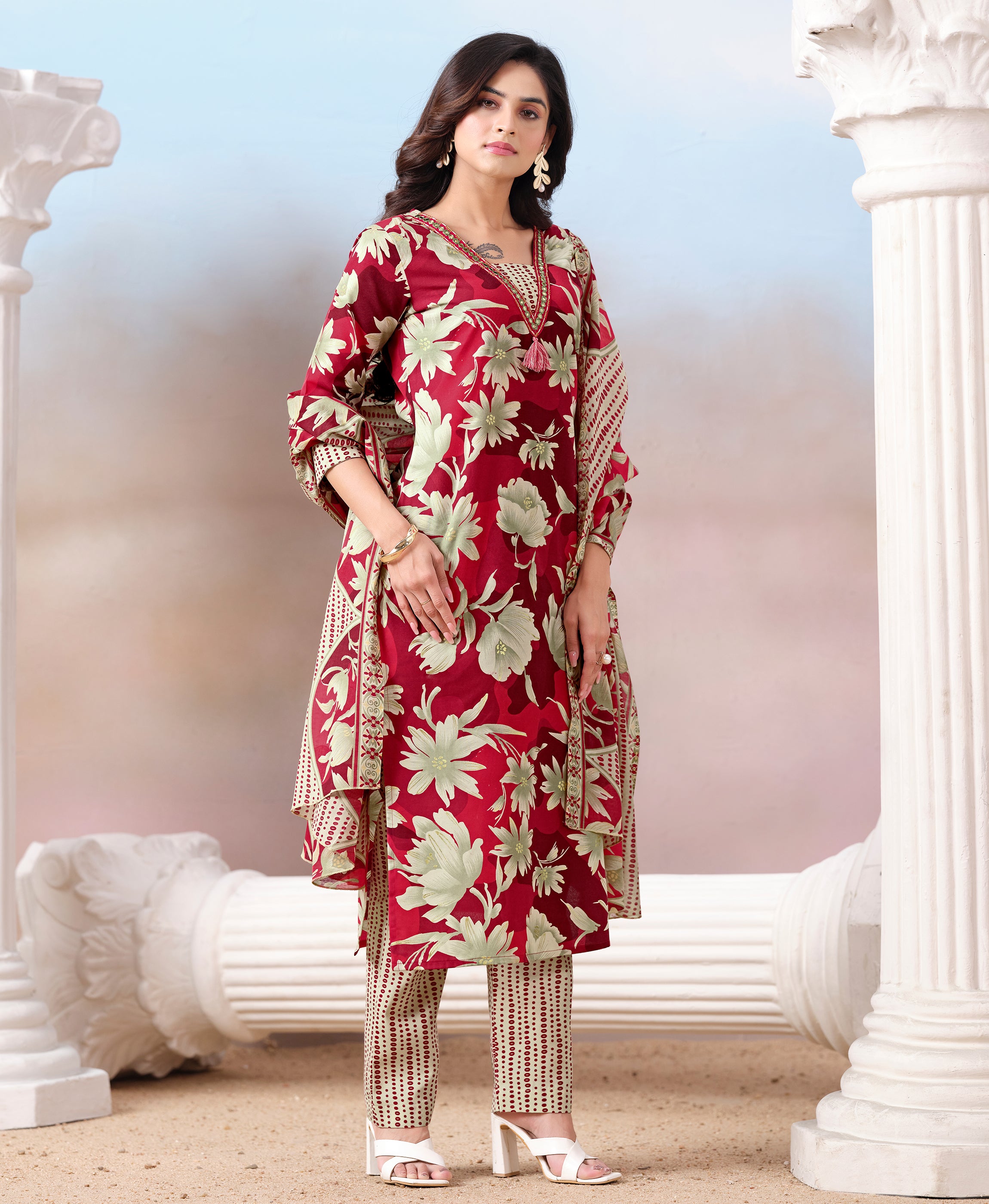 Her Couture Women's Red Cotton Floral & Leaf Print Straight Kurta With Pant & Printed Dupatta