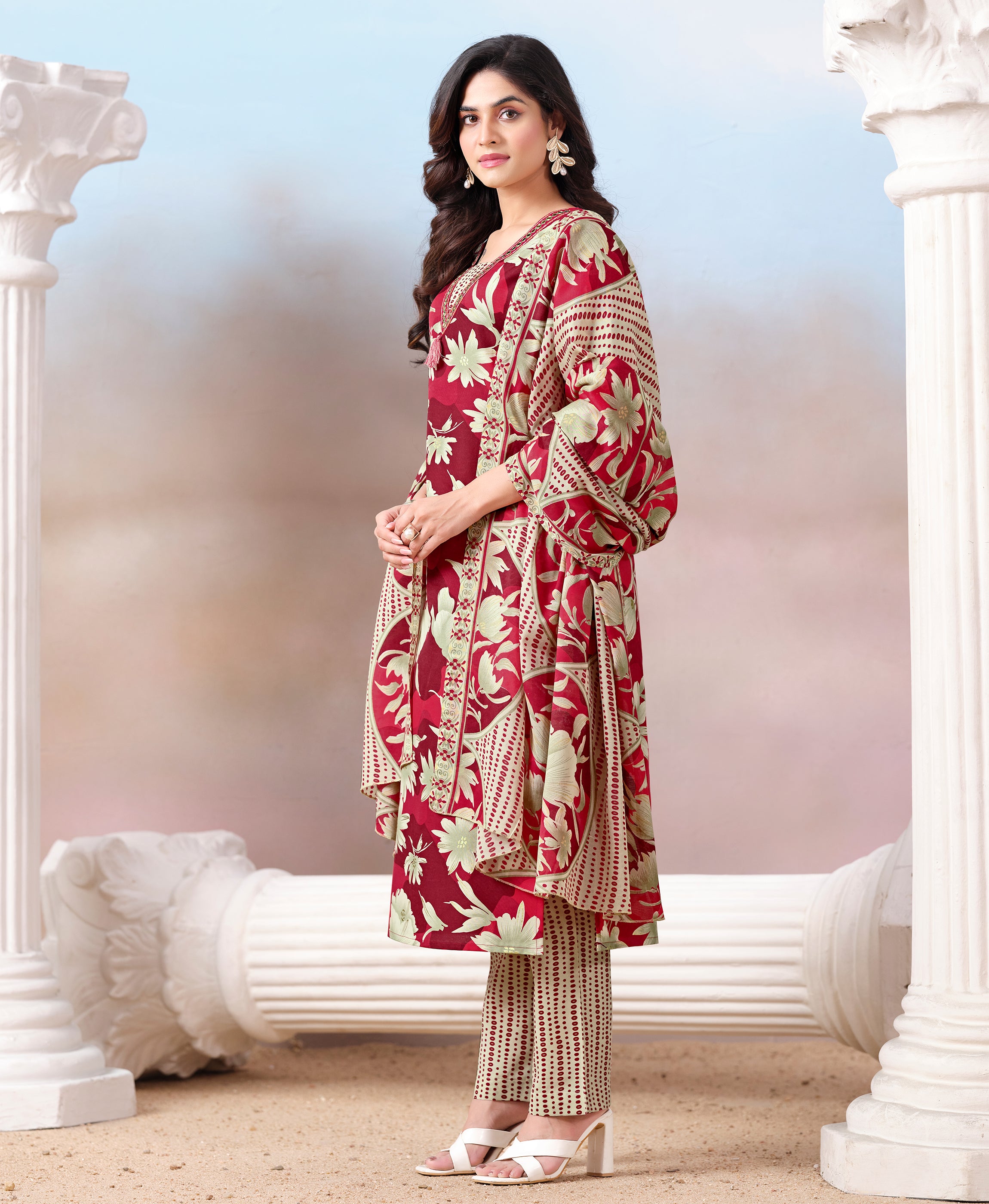 Her Couture Women's Red Cotton Floral & Leaf Print Straight Kurta With Pant & Printed Dupatta