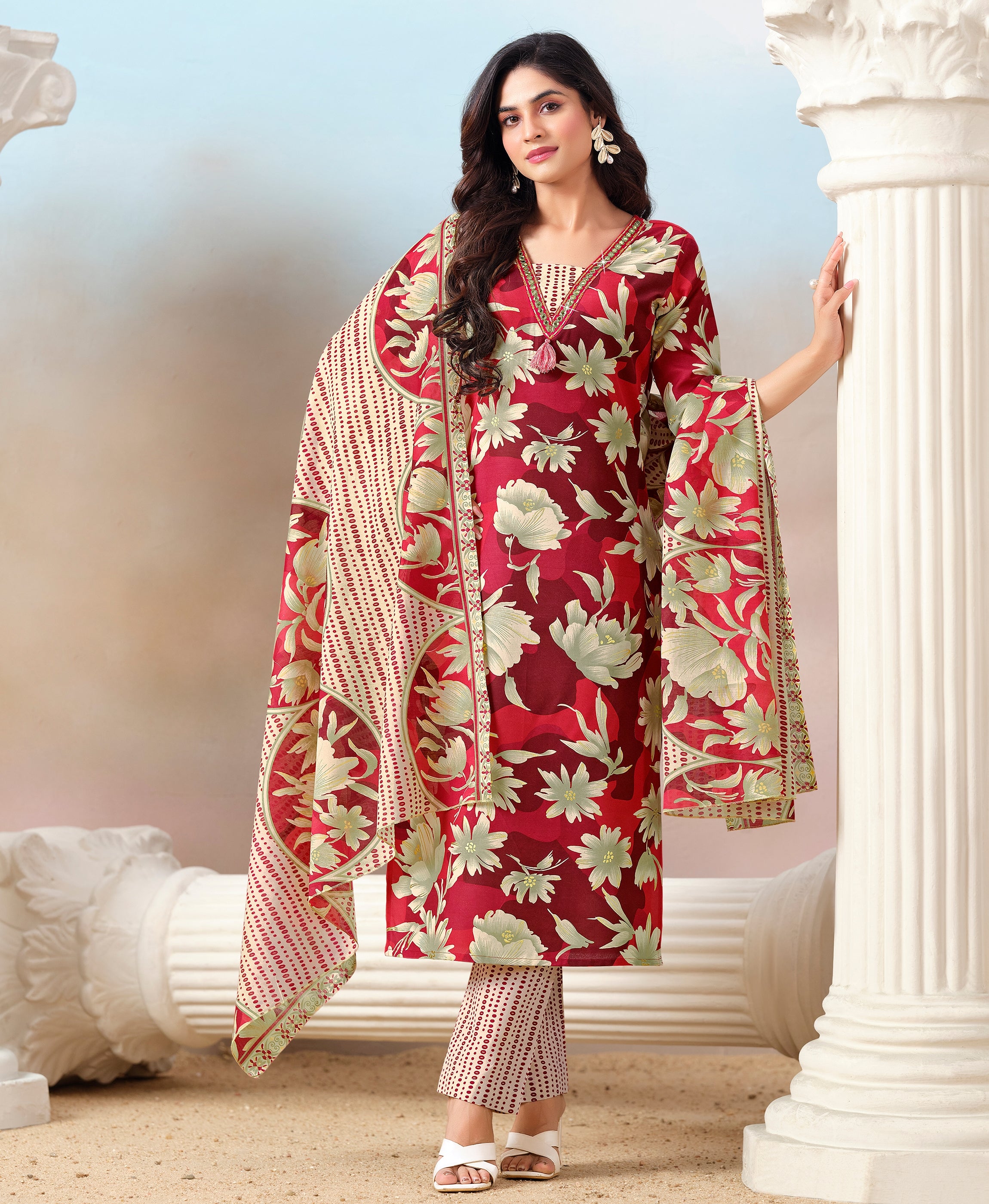 Red Cotton Straight Festive & Party Kurta Set by Her Couture