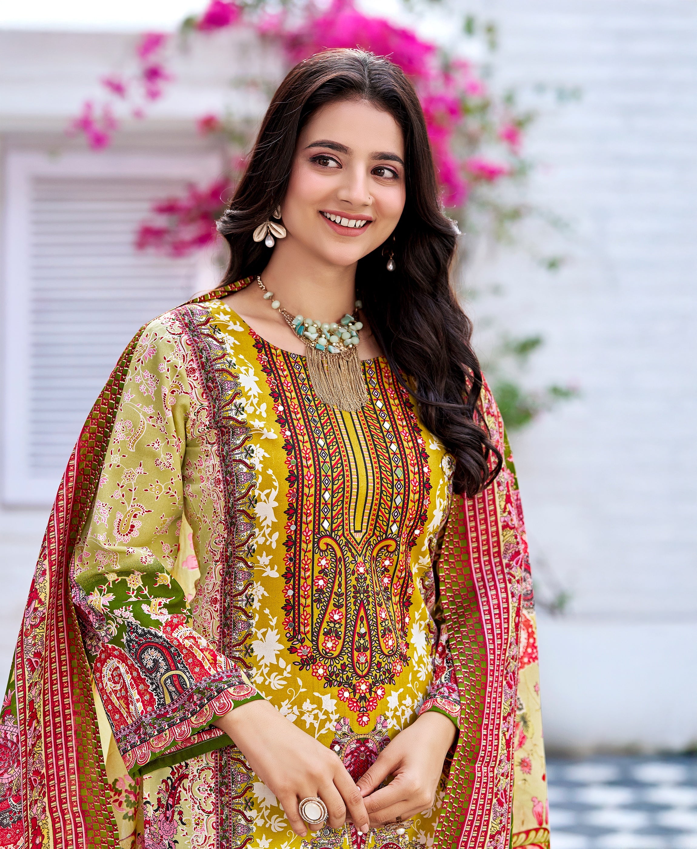 Her Couture Women's Light Green Cotton Blend Paisley Pakistani Style Kurta With Pant & Printed Dupatta