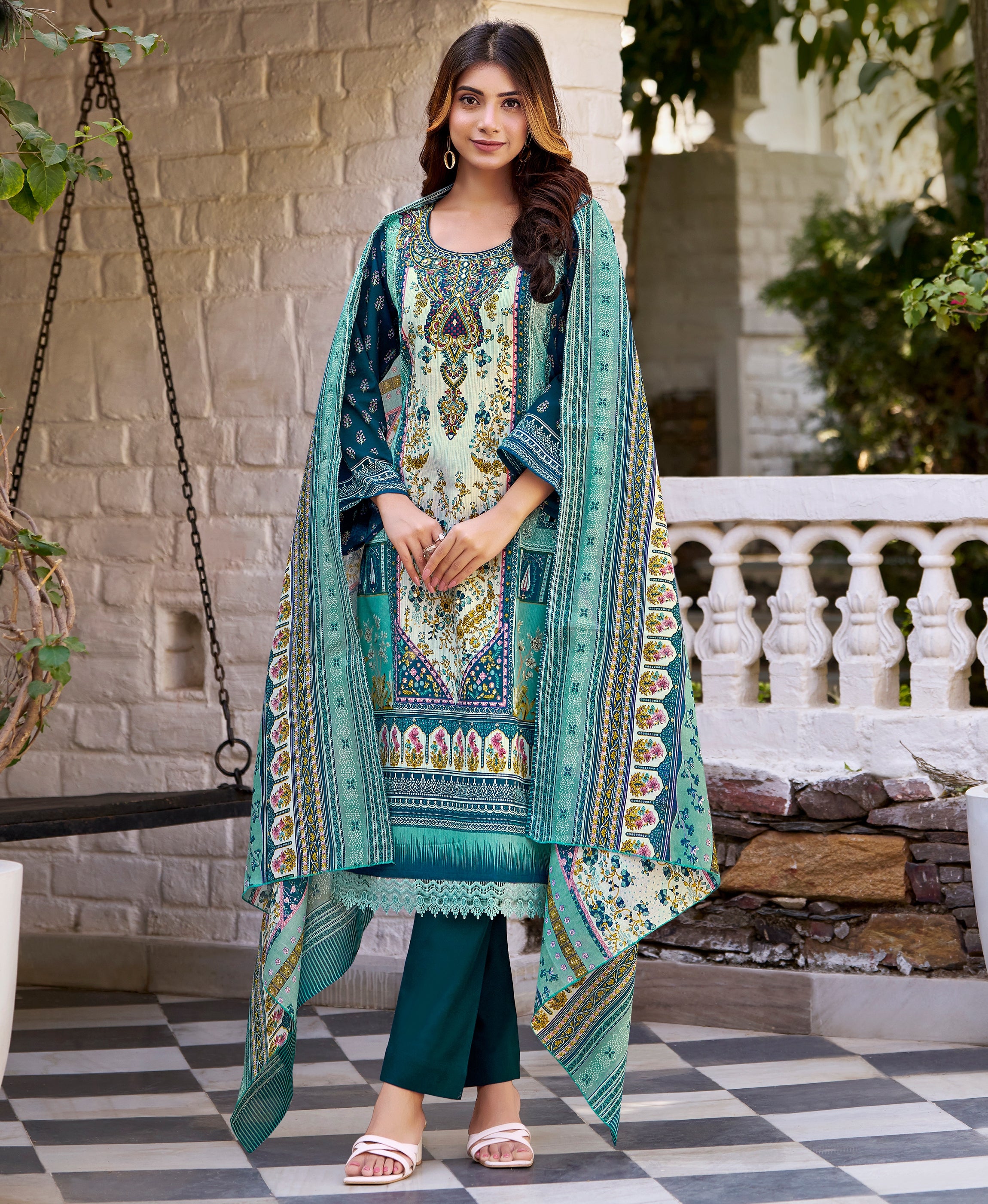 Sea Green Cotton Blend Pakistani Style Party Kurta Set by Her Couture