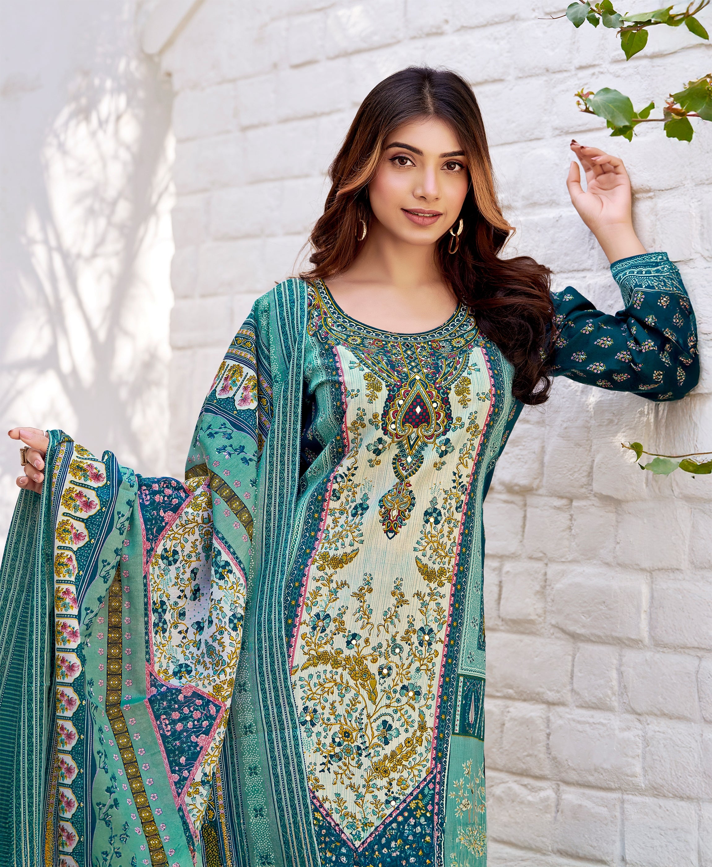 Her Couture Women's Sea Green Cotton Blend Floral & Leaf Print Pakistani Style Kurta With Pant & Printed Dupatta