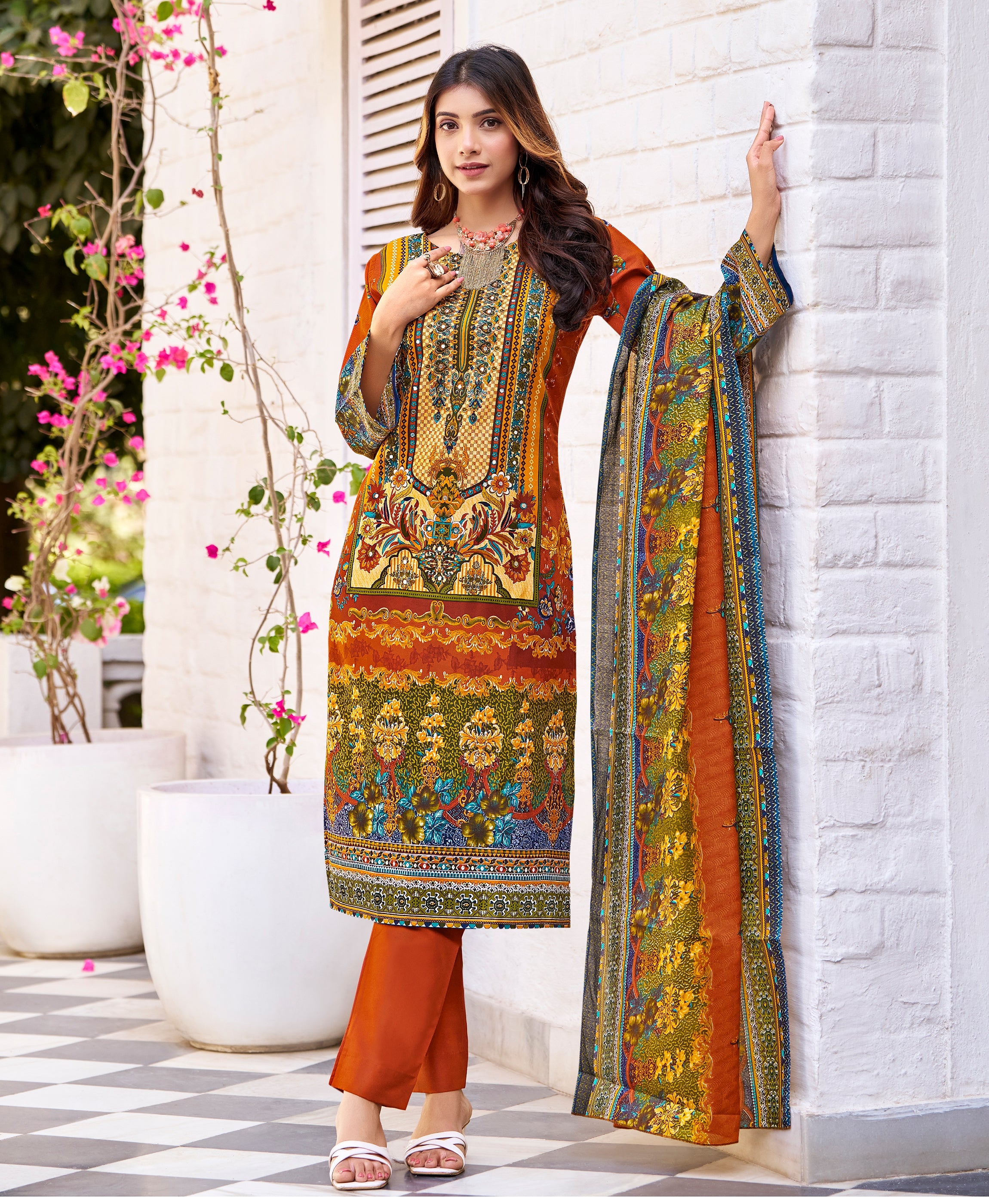 Multicolor Cotton Blend Pakistani Style Party Kurta Set by Her Couture