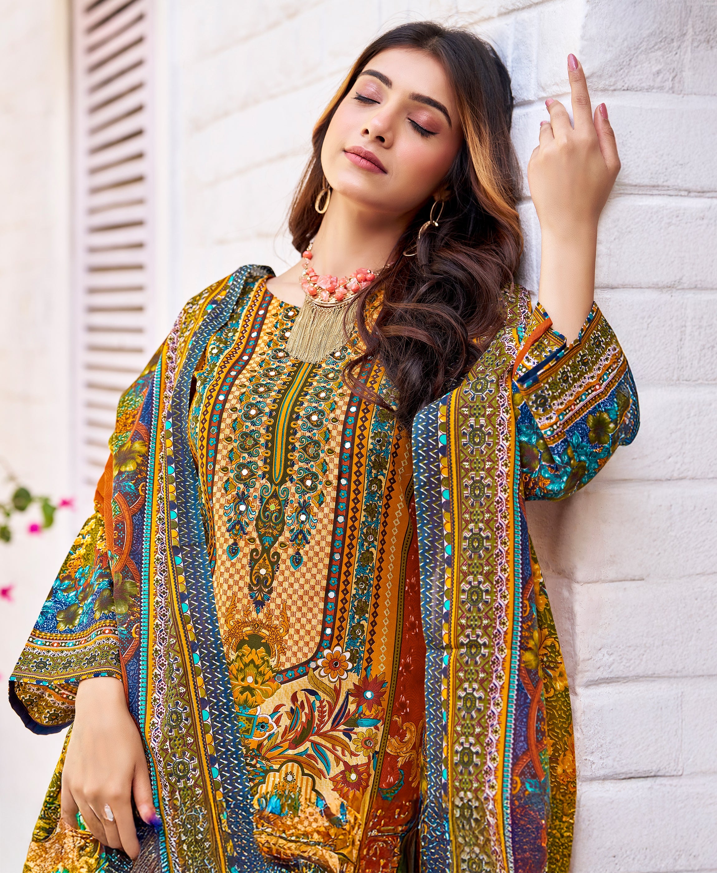 Her Couture Women's Multicolor Cotton Blend Floral & Leaf Print Pakistani Style Kurta With Pant & Printed Dupatta