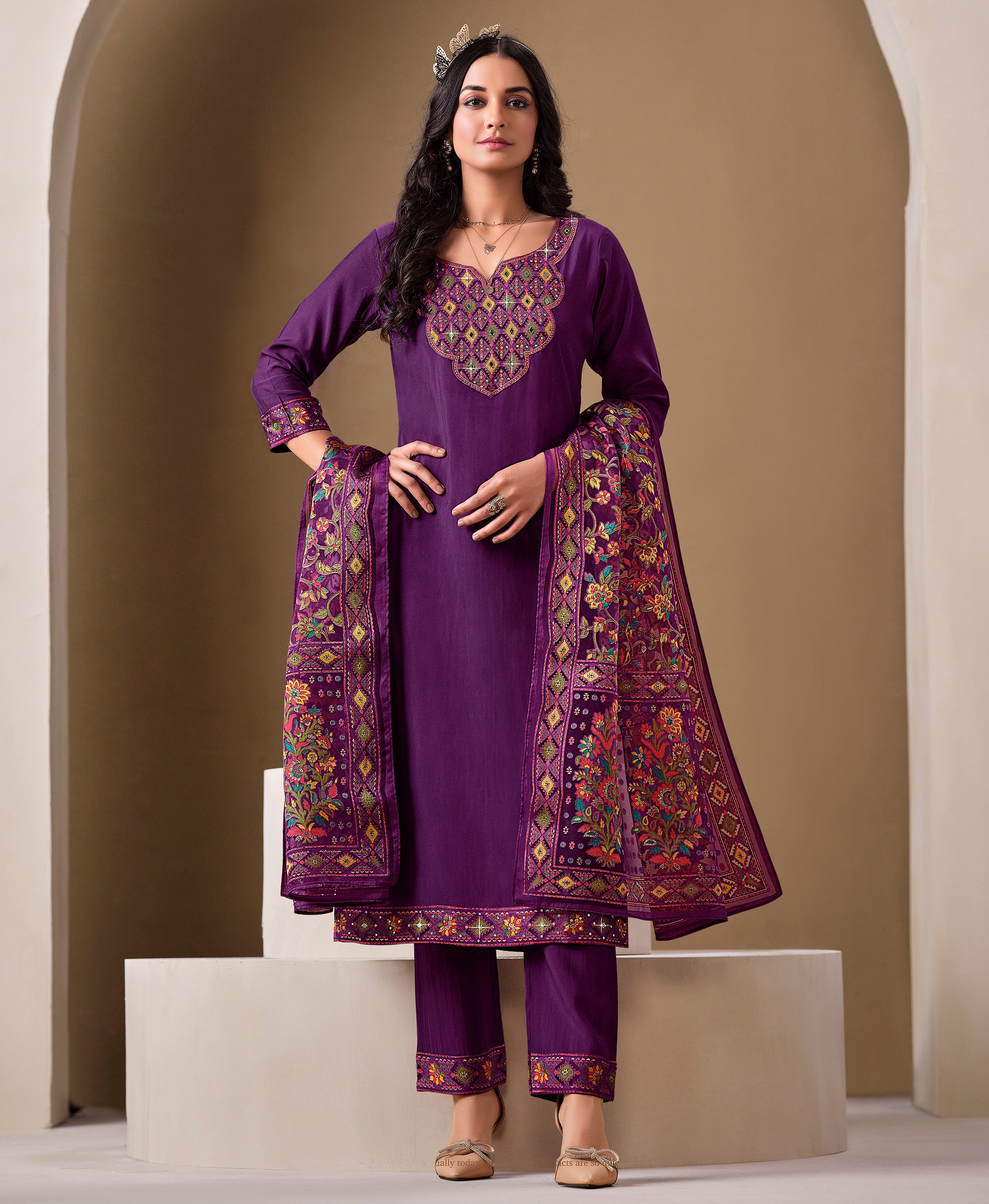 Purple Viscose Blend Straight Party Kurta Set by Her Couture