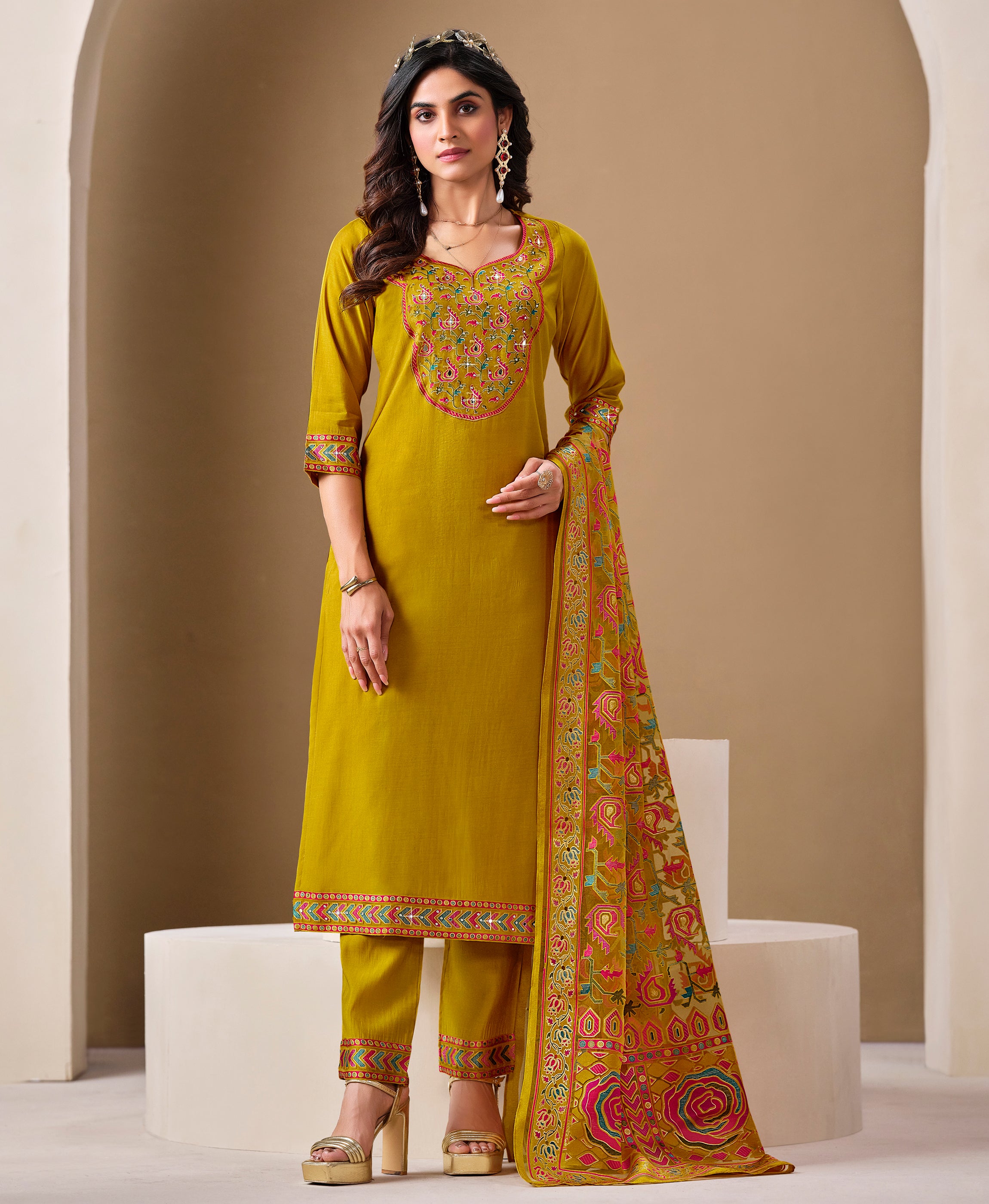 Yellow Viscose Blend Straight Party Kurta Set by Her Couture