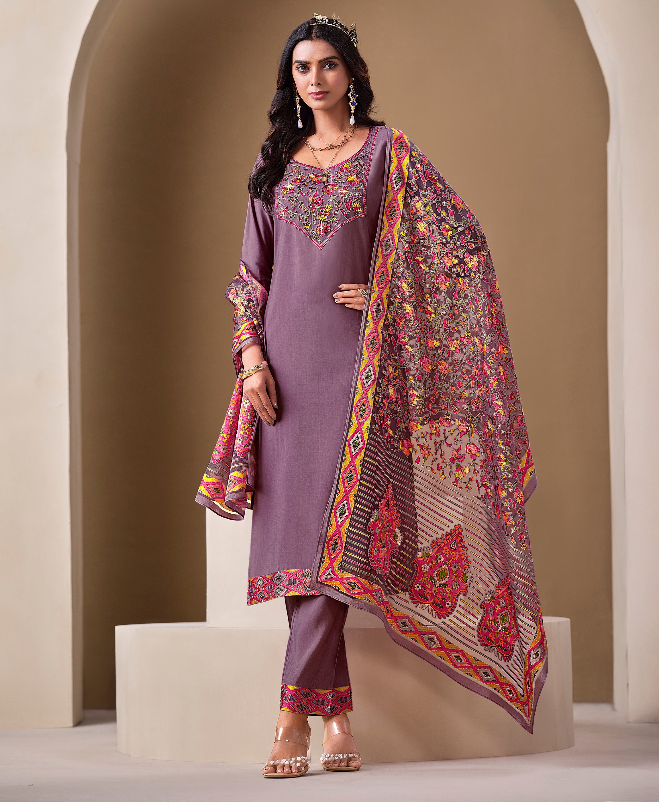 Lavender Viscose Blend Straight Party Kurta Set by Her Couture