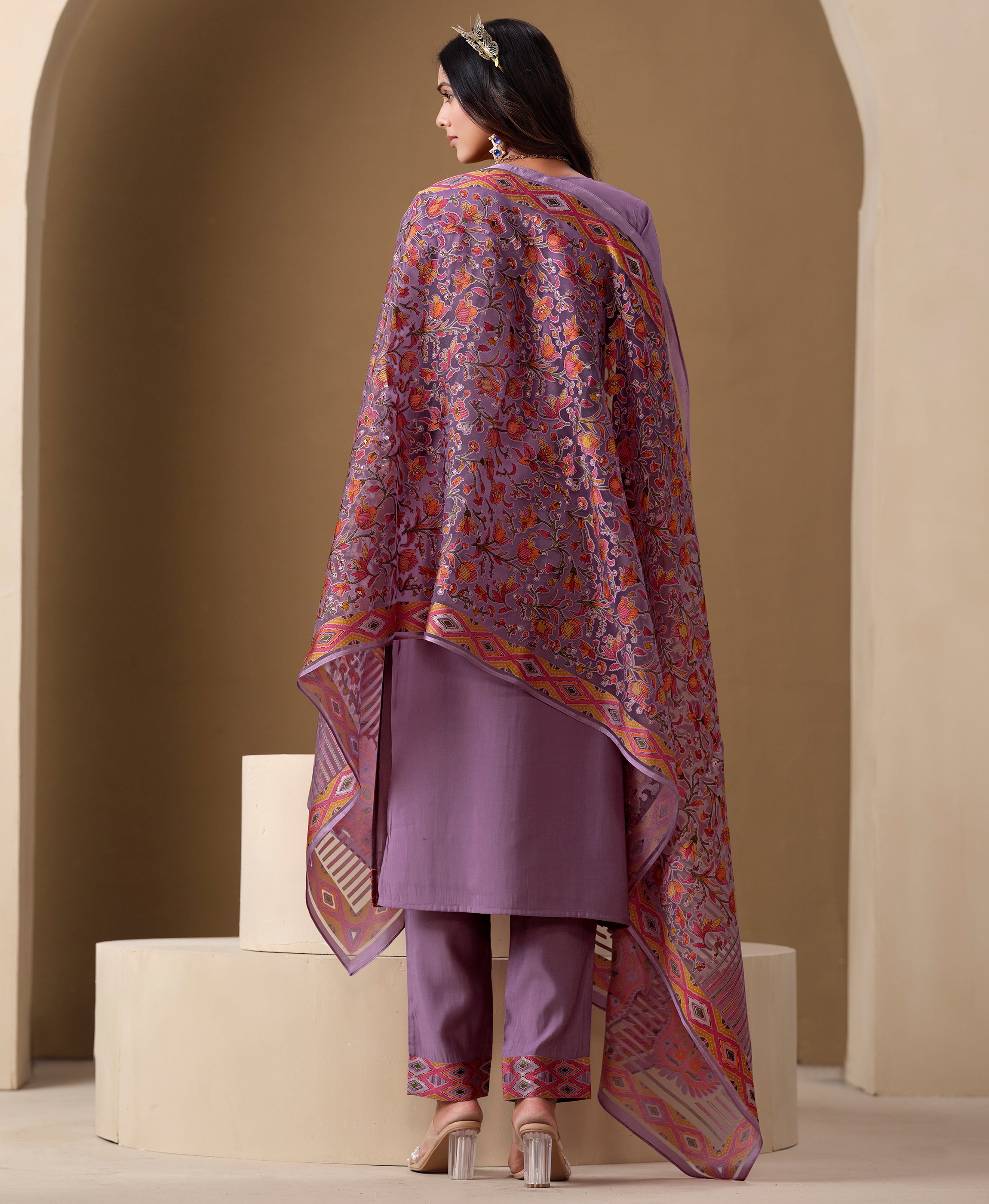 Her Couture Women's Lavender Viscose Blend Brasso Floral & Leaf Printed Gold Foil Straight Kurta With Pant & Printed Dupatta