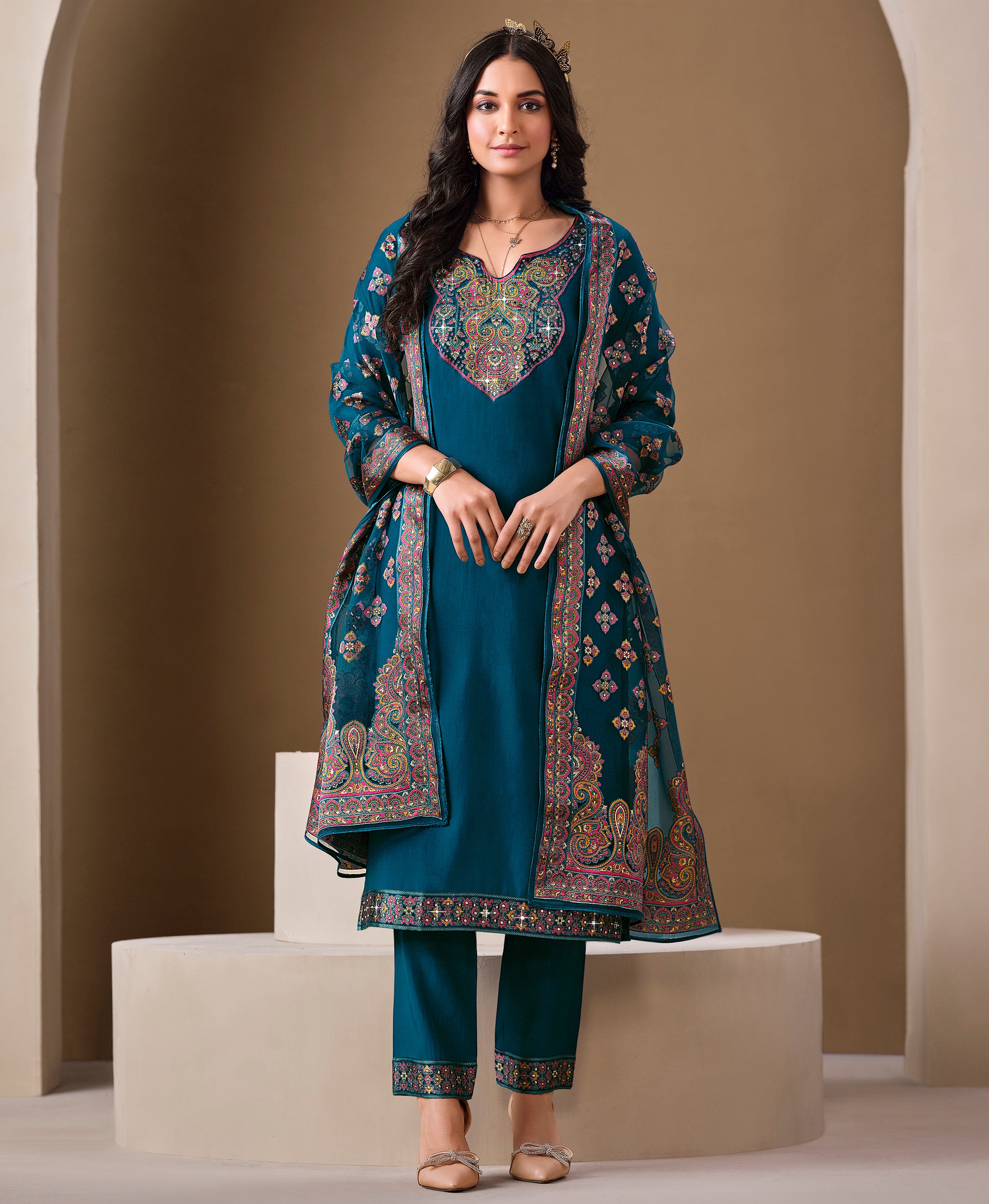 Teal Viscose Blend Straight Party Kurta Set by Her Couture