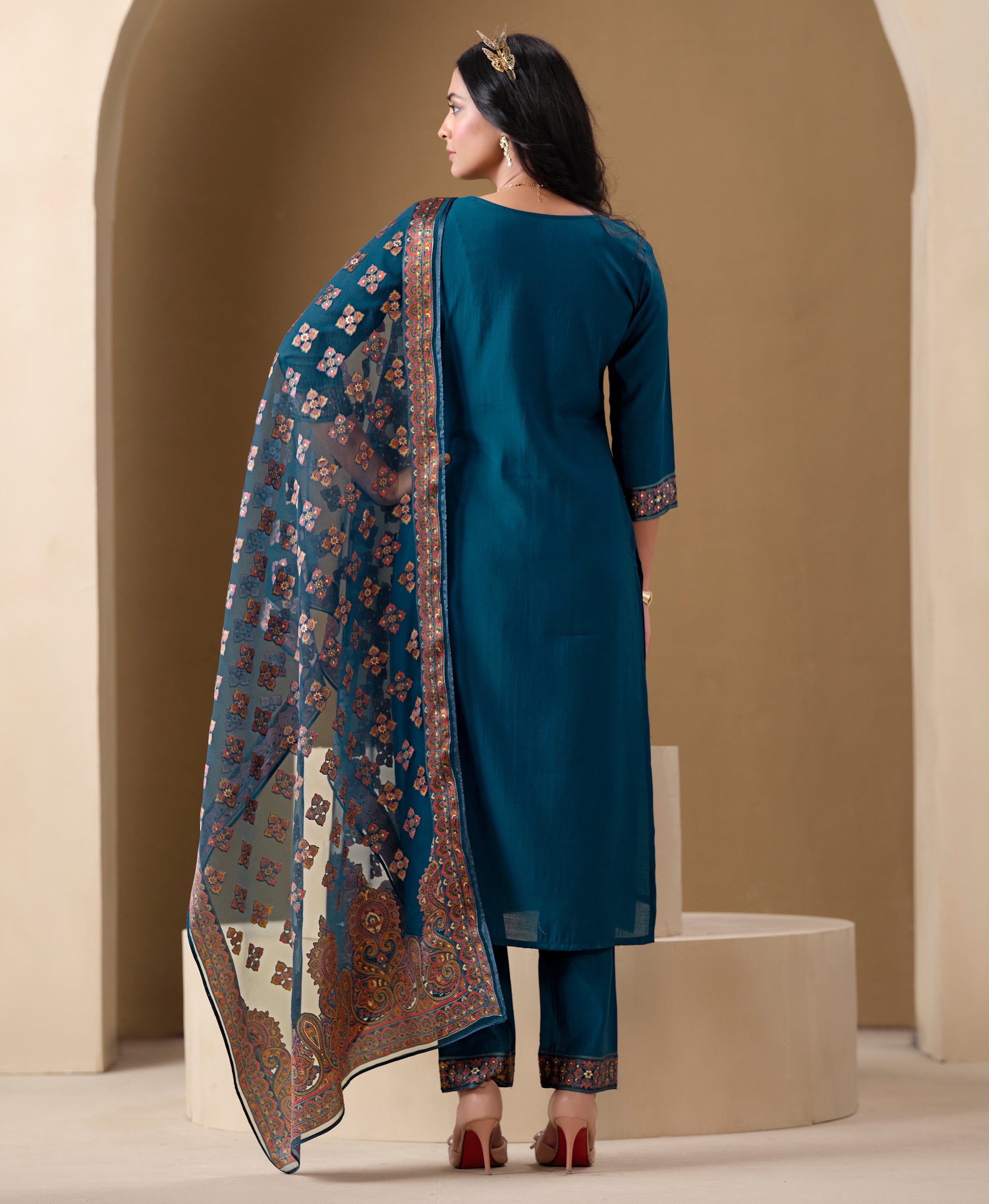 Her Couture Women's Teal Viscose Blend Brasso Floral & Leaf Printed Gold Foil Straight Kurta With Pant & Printed Dupatta