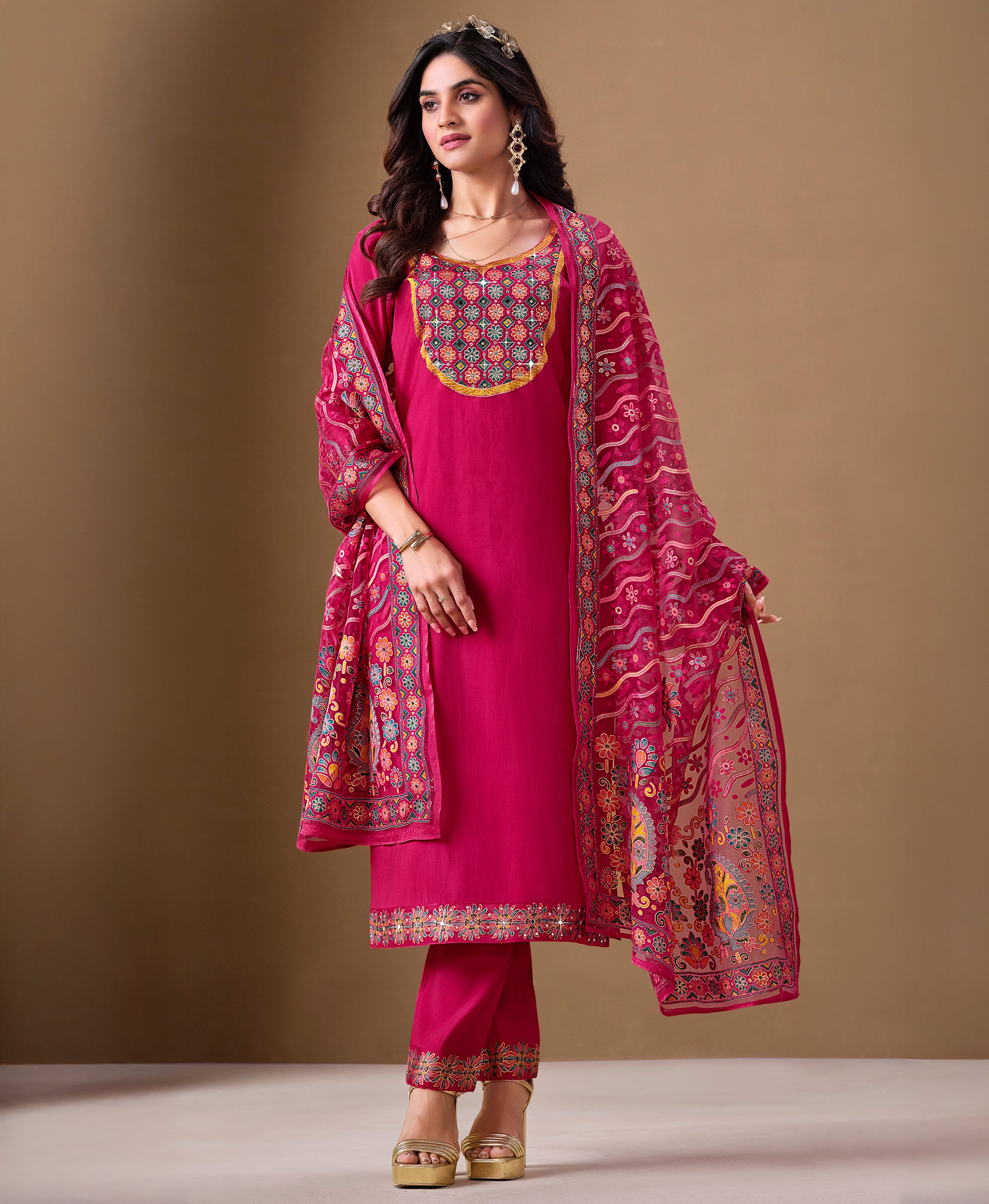 Pink Viscose Blend Straight Party Kurta Set by Her Couture