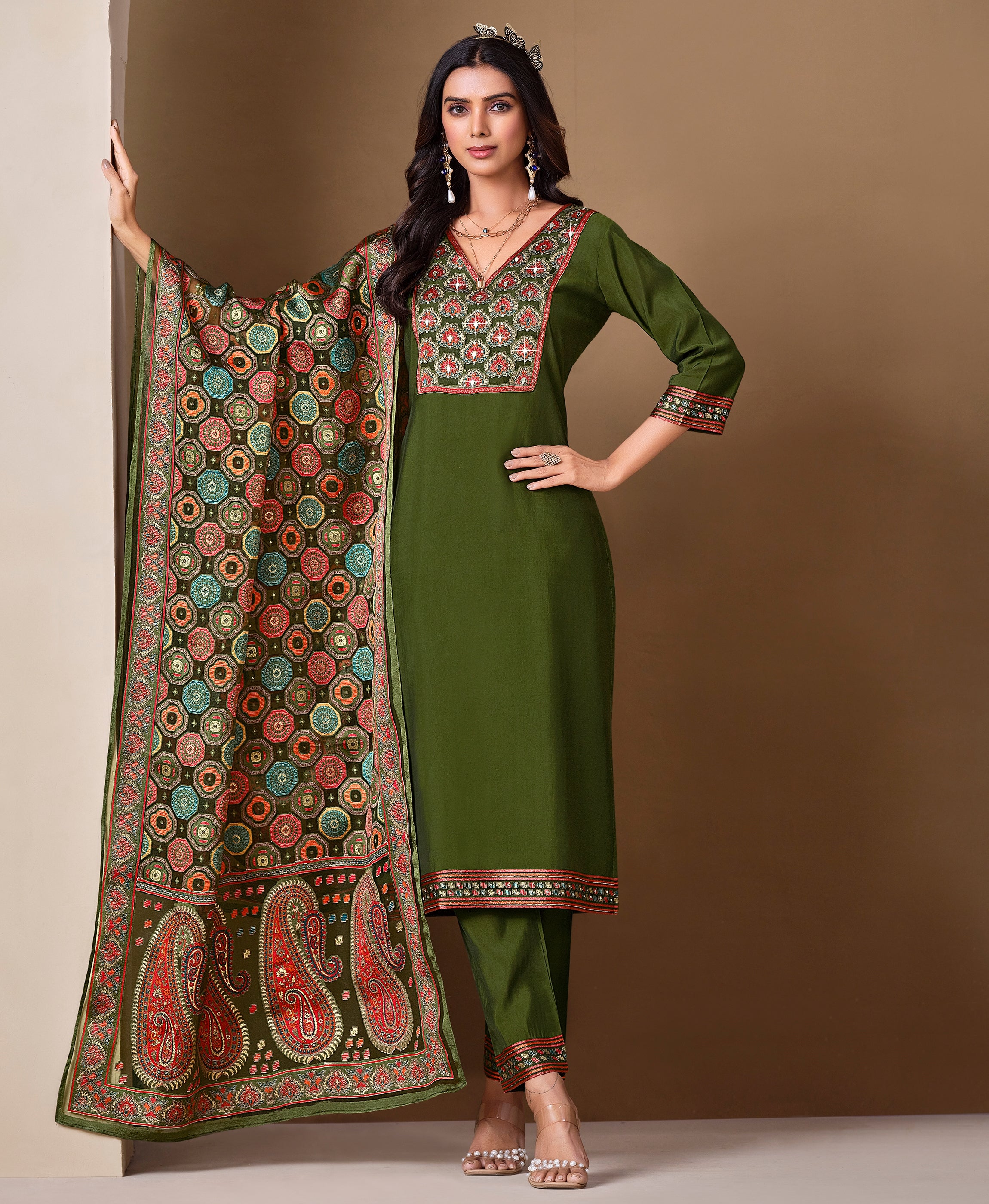 Green Viscose Blend Straight Party Kurta Set by Her Couture