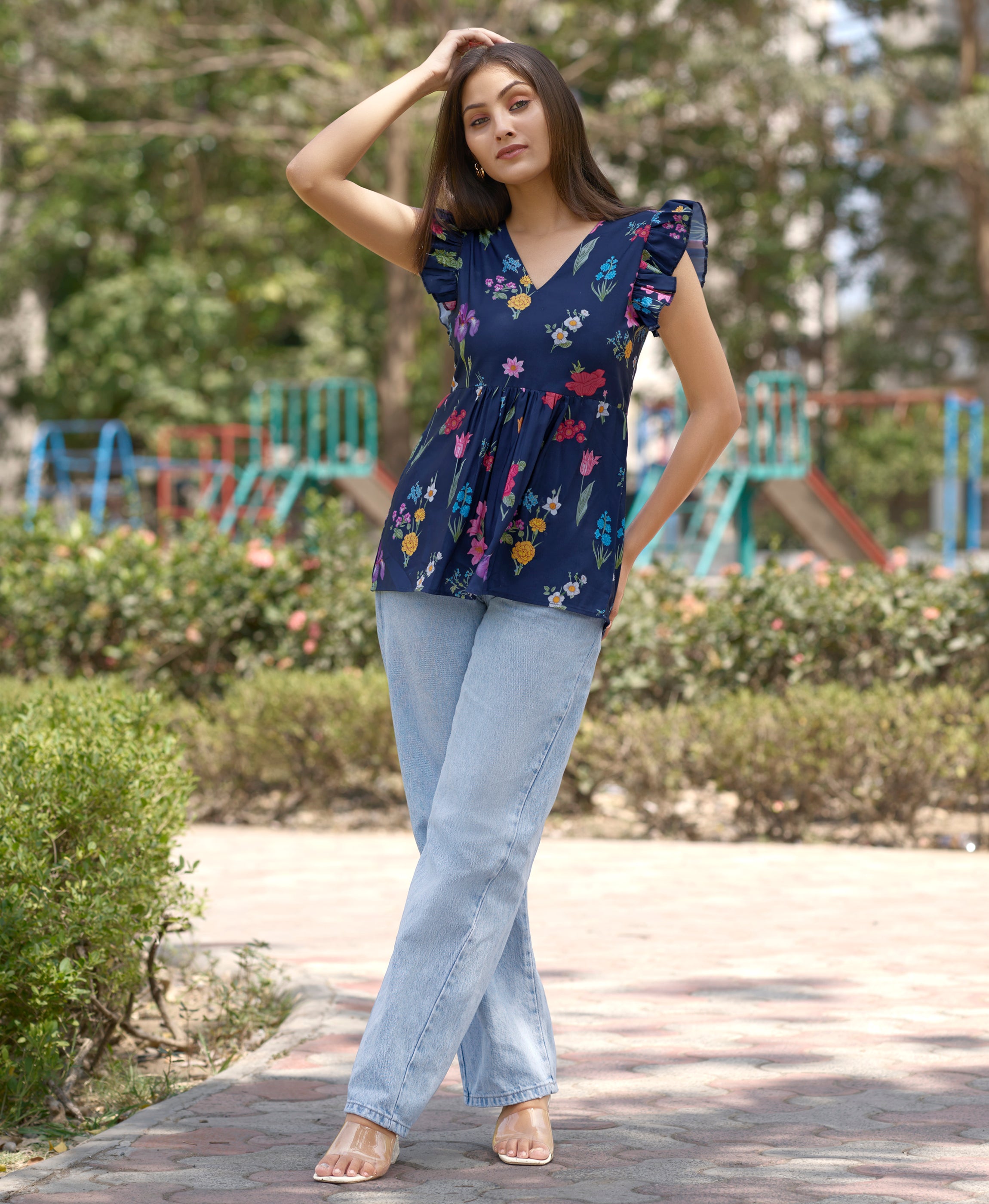 Navy Blue Rayon V-Neck Floral & Leaf Printed Top by Her Couture