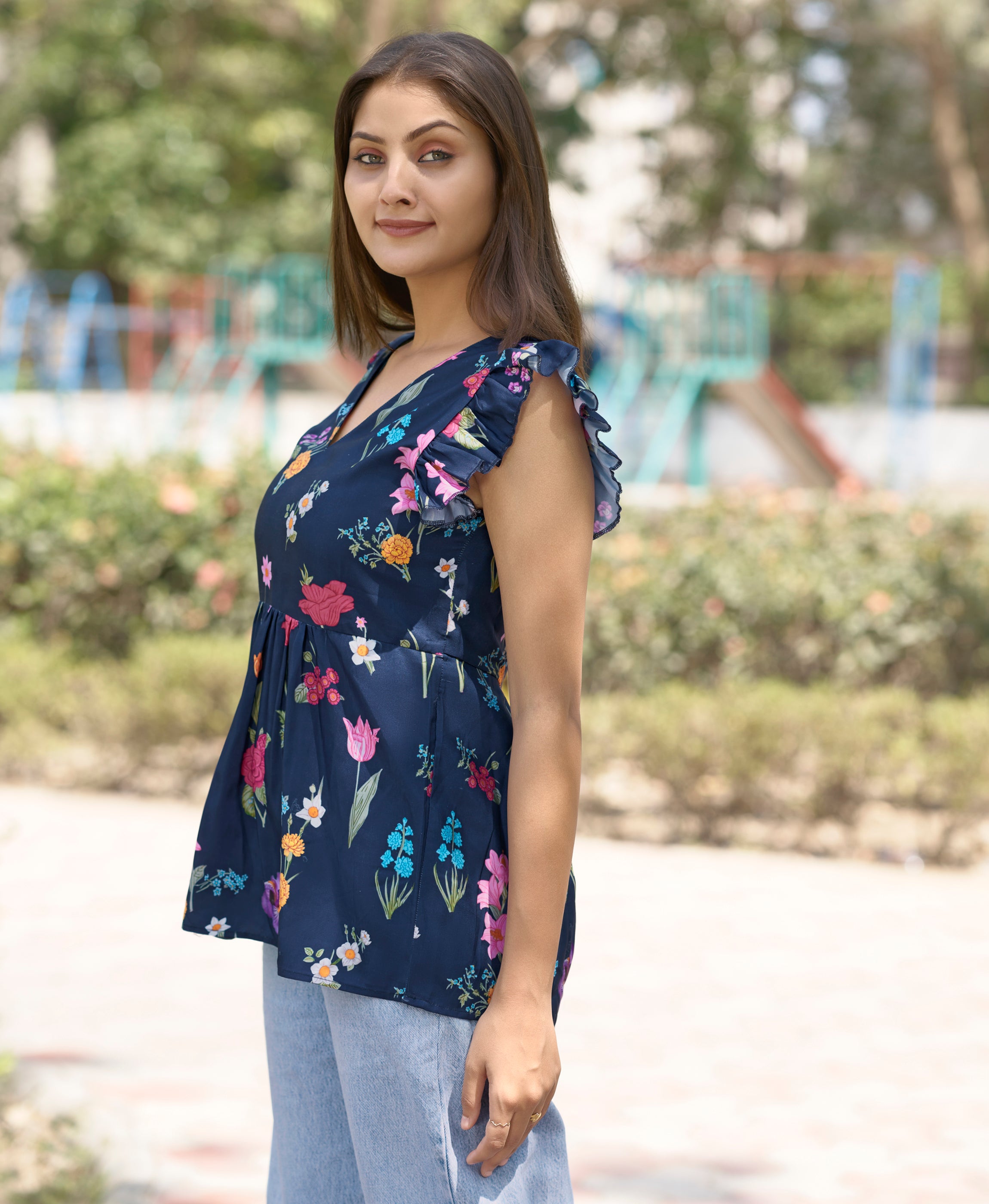 Her Couture Women's Navy Blue Blend Rayon Floral & Leaf Printed Flared Top