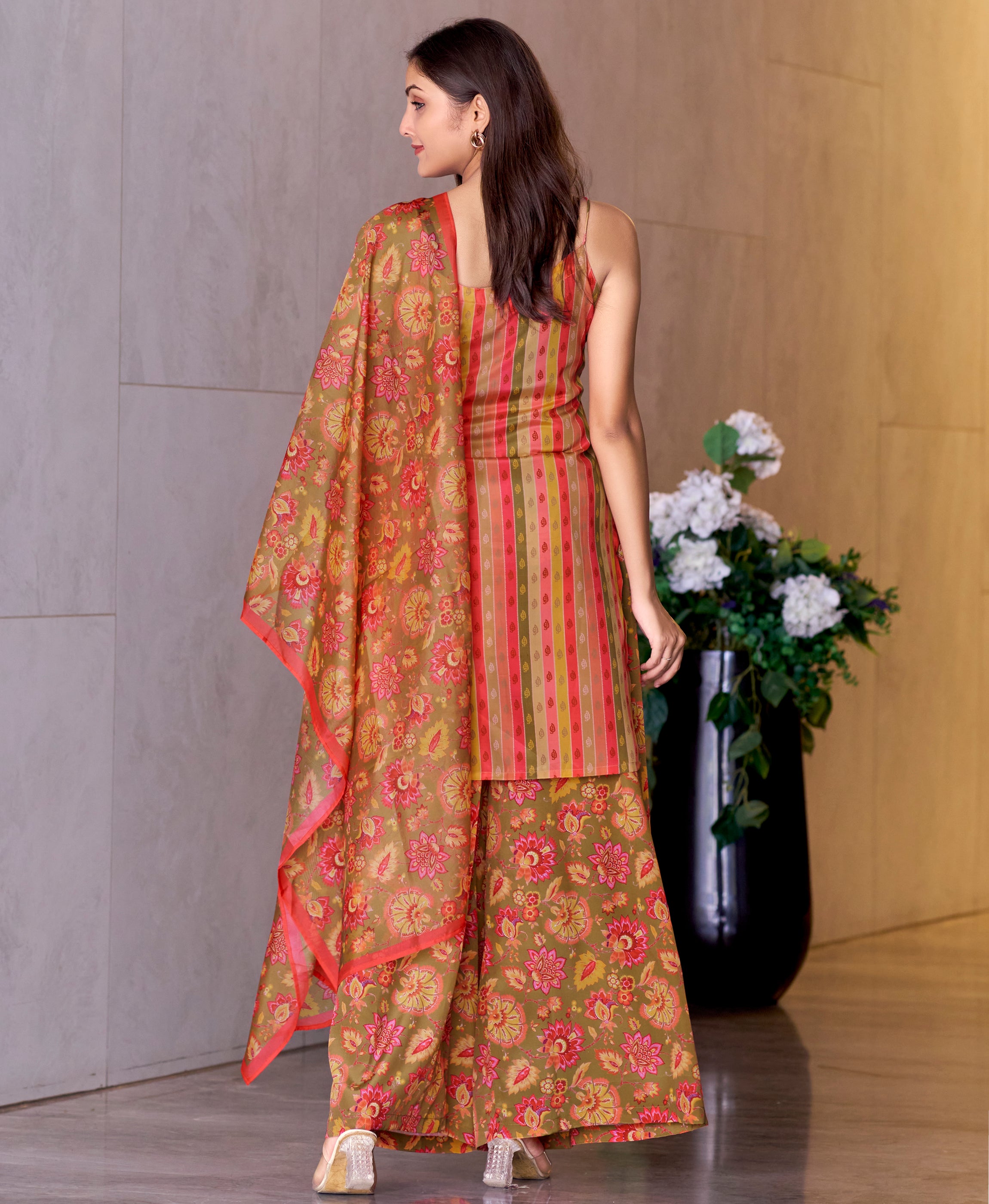 Her Couture Women's Peach Crepe Printed Vertical Stripes Printed Straight Kurta With Flared Palazzo & Printed Dupatta