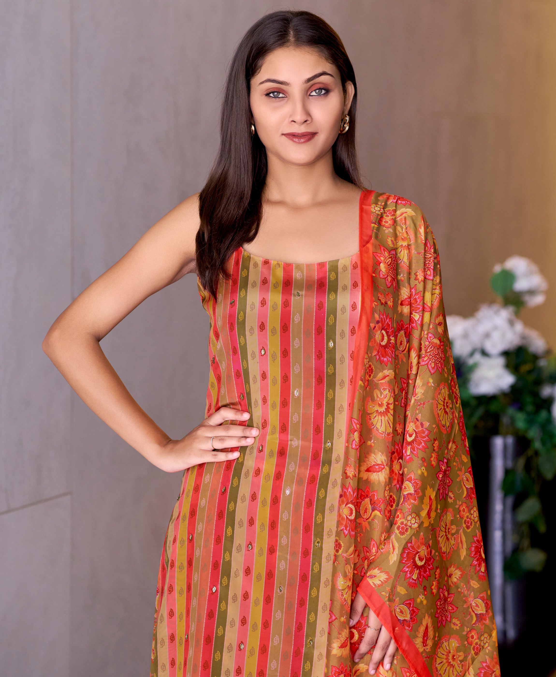Her Couture Women's Peach Crepe Printed Vertical Stripes Printed Straight Kurta With Flared Palazzo & Printed Dupatta