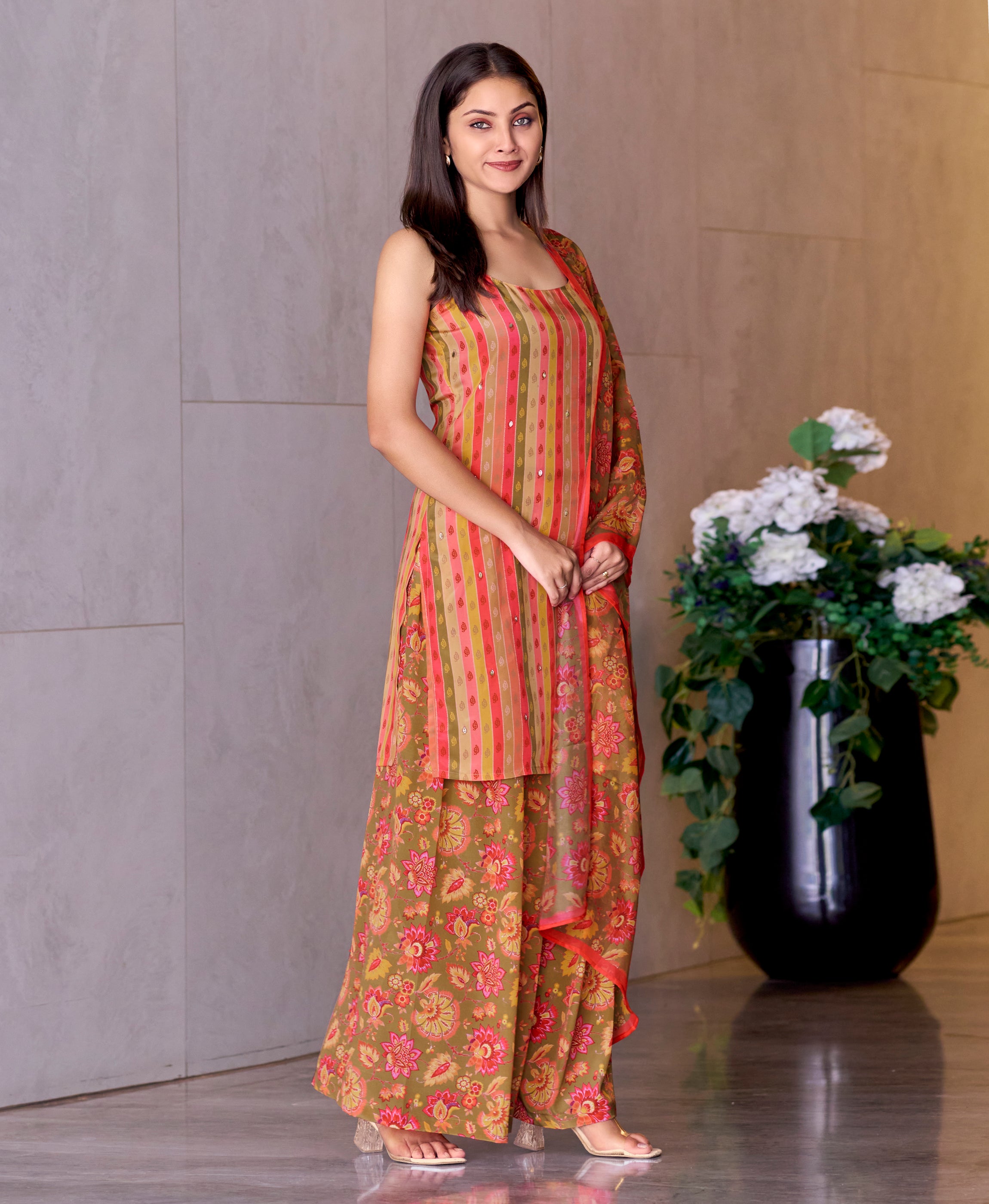 Her Couture Women's Peach Crepe Printed Vertical Stripes Printed Straight Kurta With Flared Palazzo & Printed Dupatta