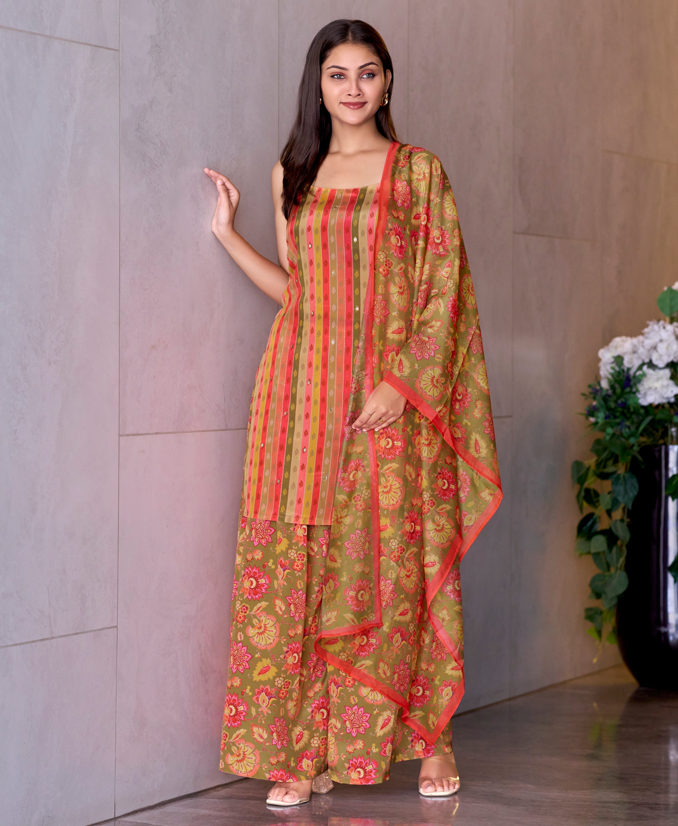 Peach Crepe Straight Party Kurta Set by Her Couture