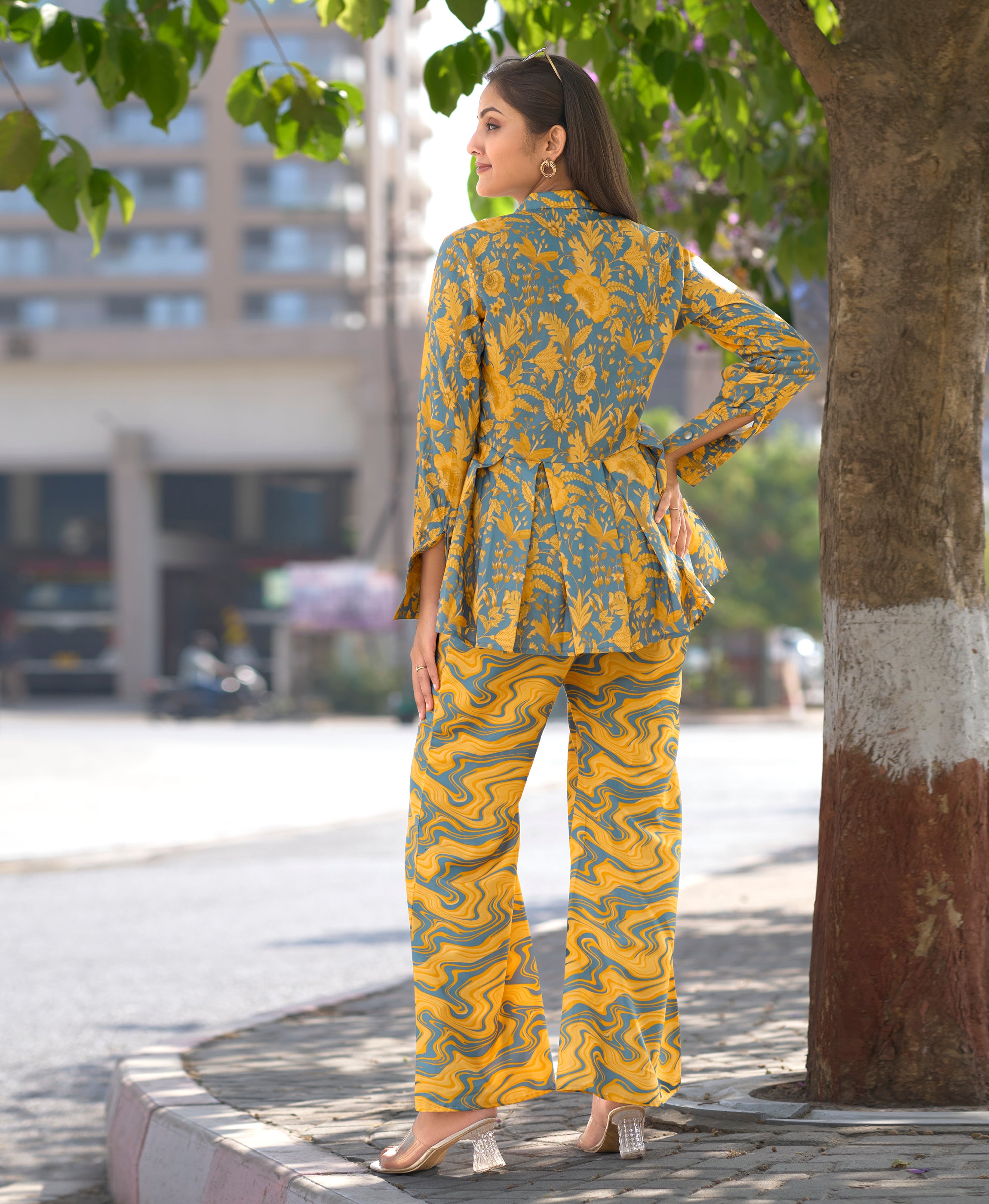 Her Couture Women's Yellow Crepe Floral & Leaf Printed Party Co-ord Set
