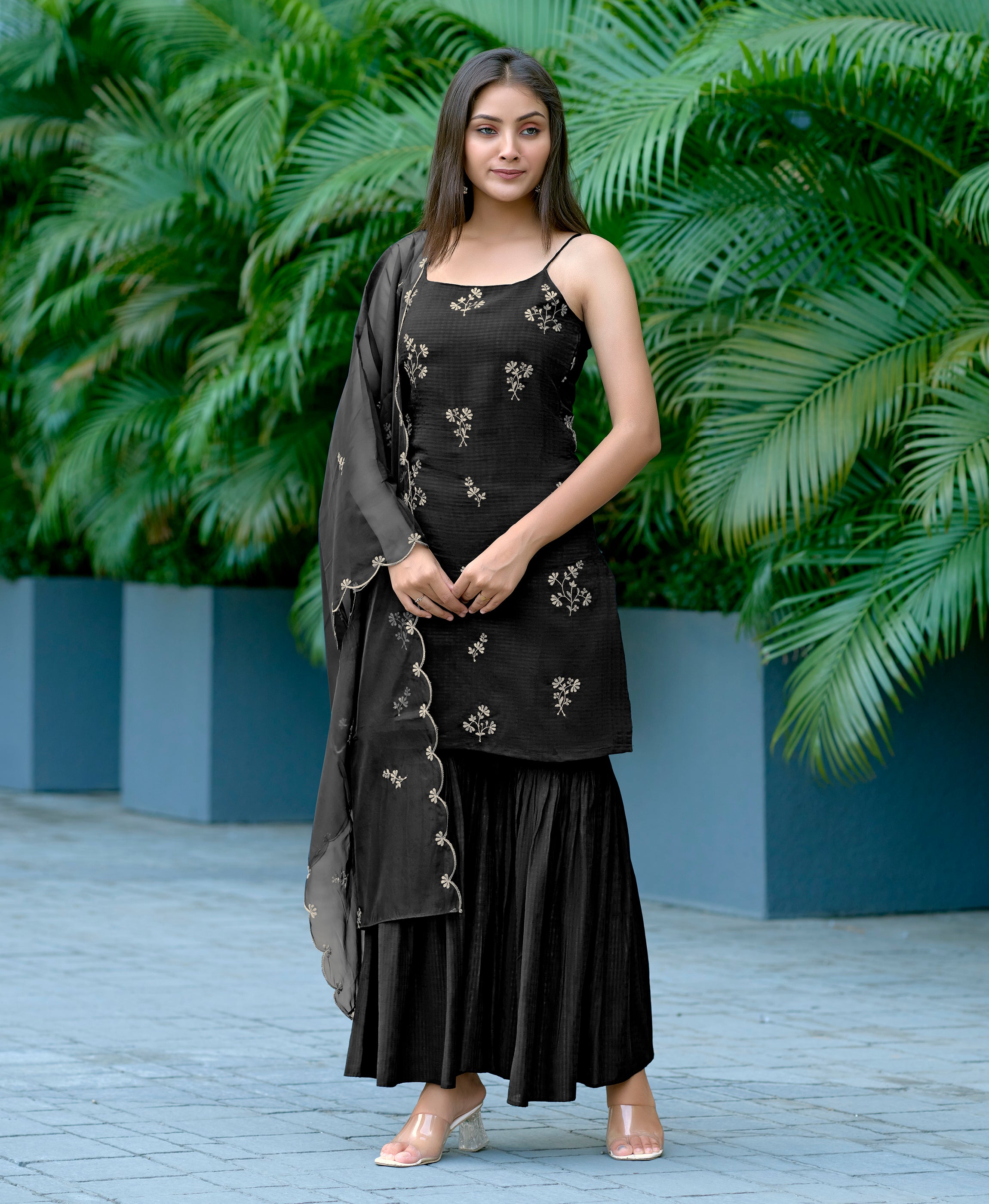 Black Viscose Straight Party Kurta Set by Her Couture