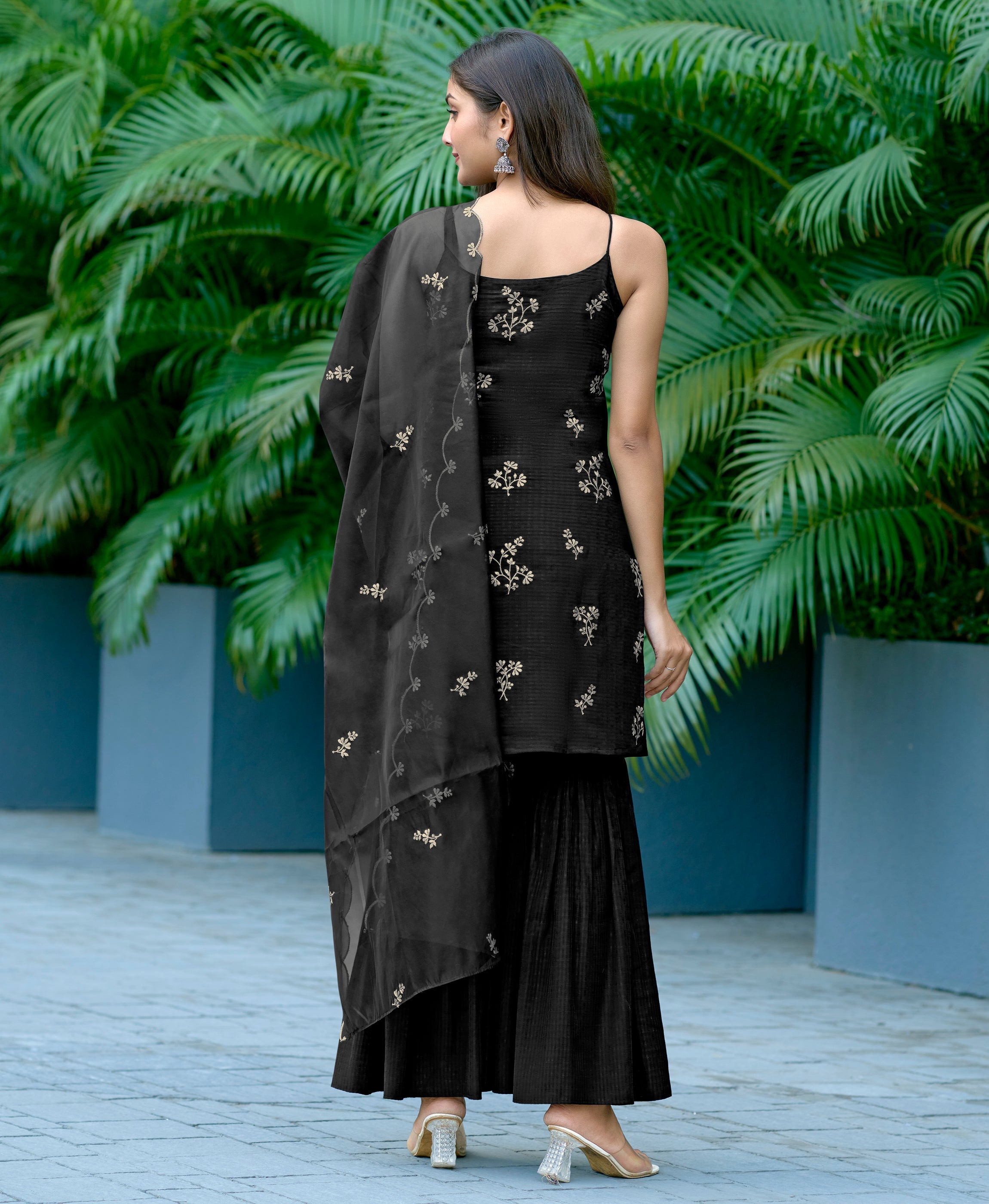 Her Couture Women's Black Viscose Summer Checks Floral Embroidered Straight Kurta With Gharara & Printed Dupatta