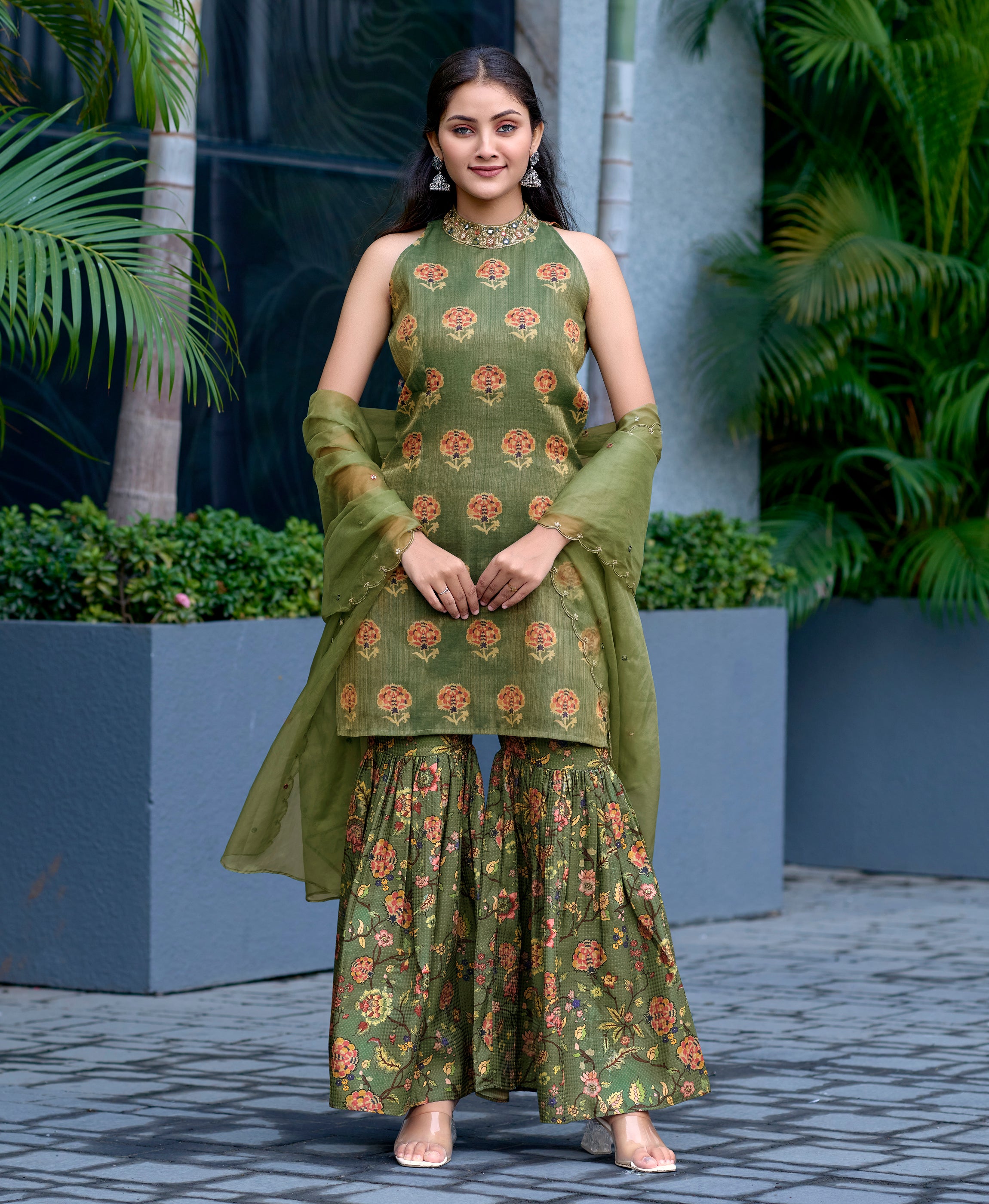 Green Shimmer Straight Party Kurta Set by Her Couture