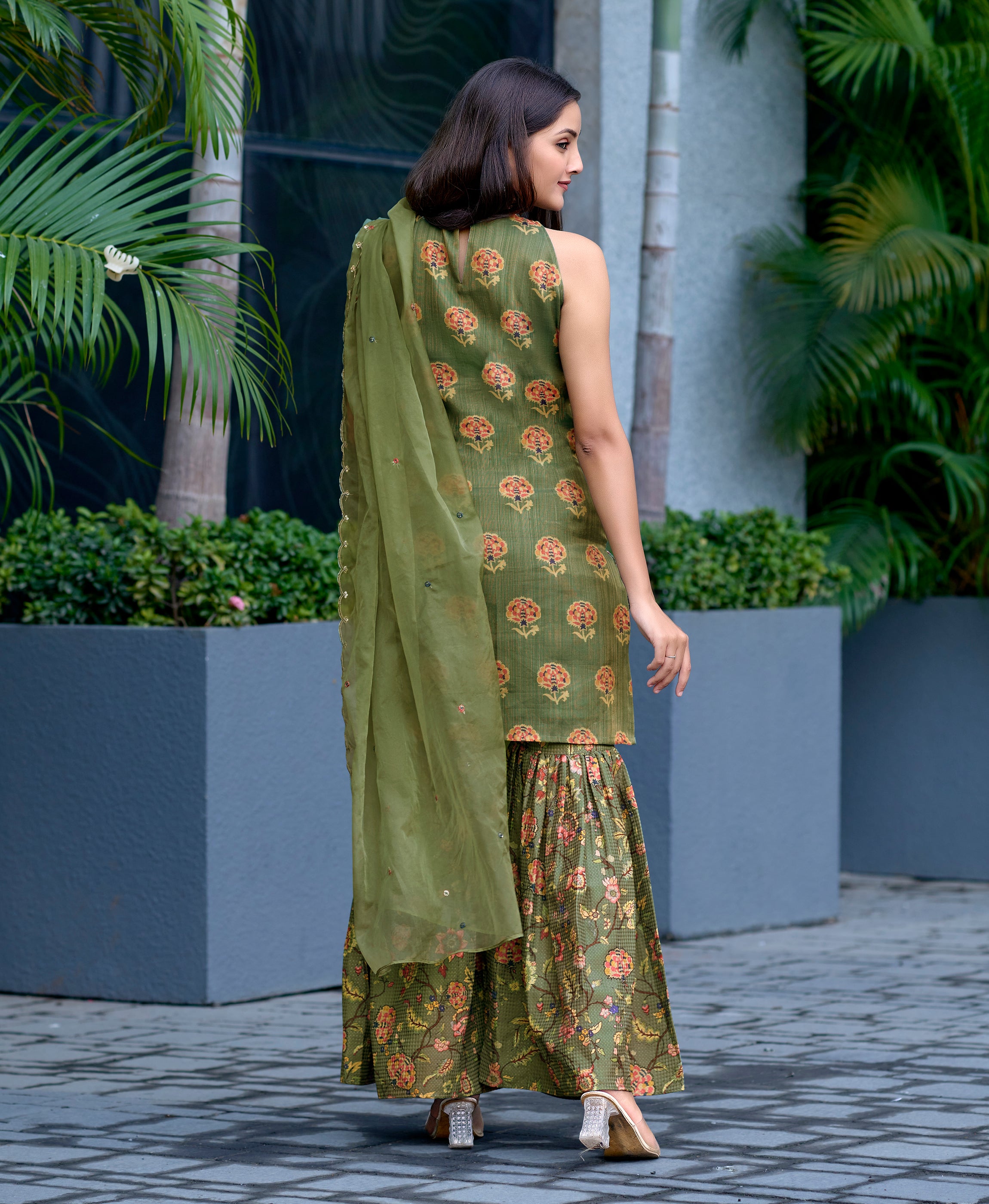 Her Couture Women's Green Shimmer Embroidery Floral Printed Straight Kurta With Gharara & Printed Dupatta