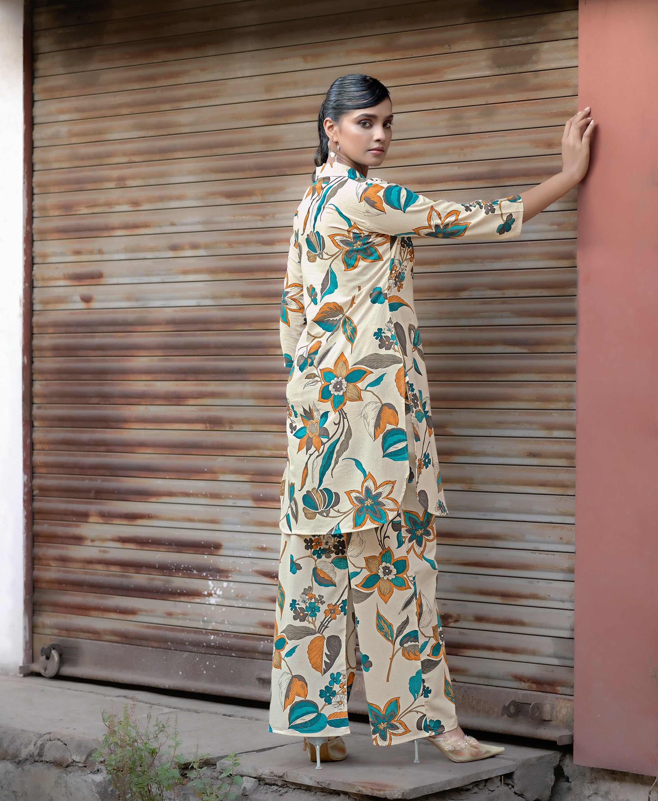 Her Couture Women's Beige Khadi Cotton Printed Floral Printed Party Co-ord Set