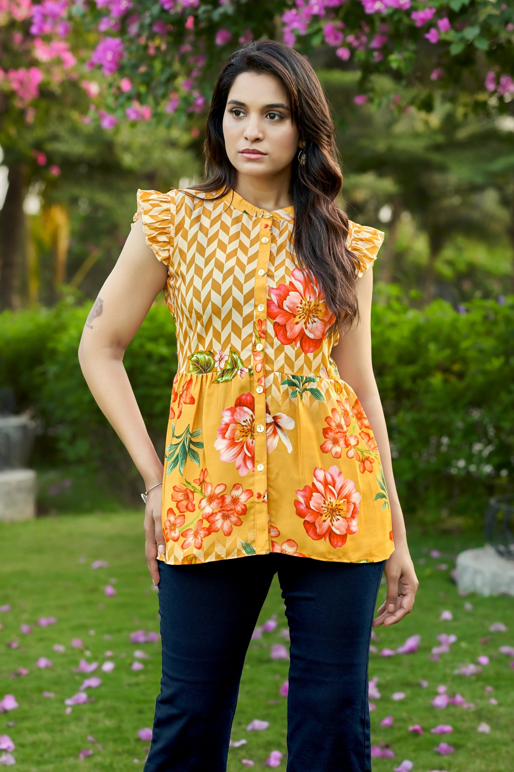 Her Couture Women's Cream Crepe Blend Floral Printed Peplum Top