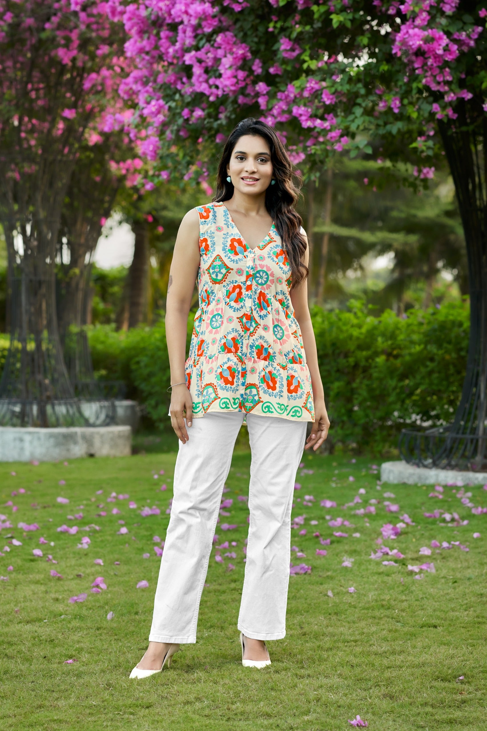 Her Couture Women's White Crepe Blend Geometric Printed Peplum Top