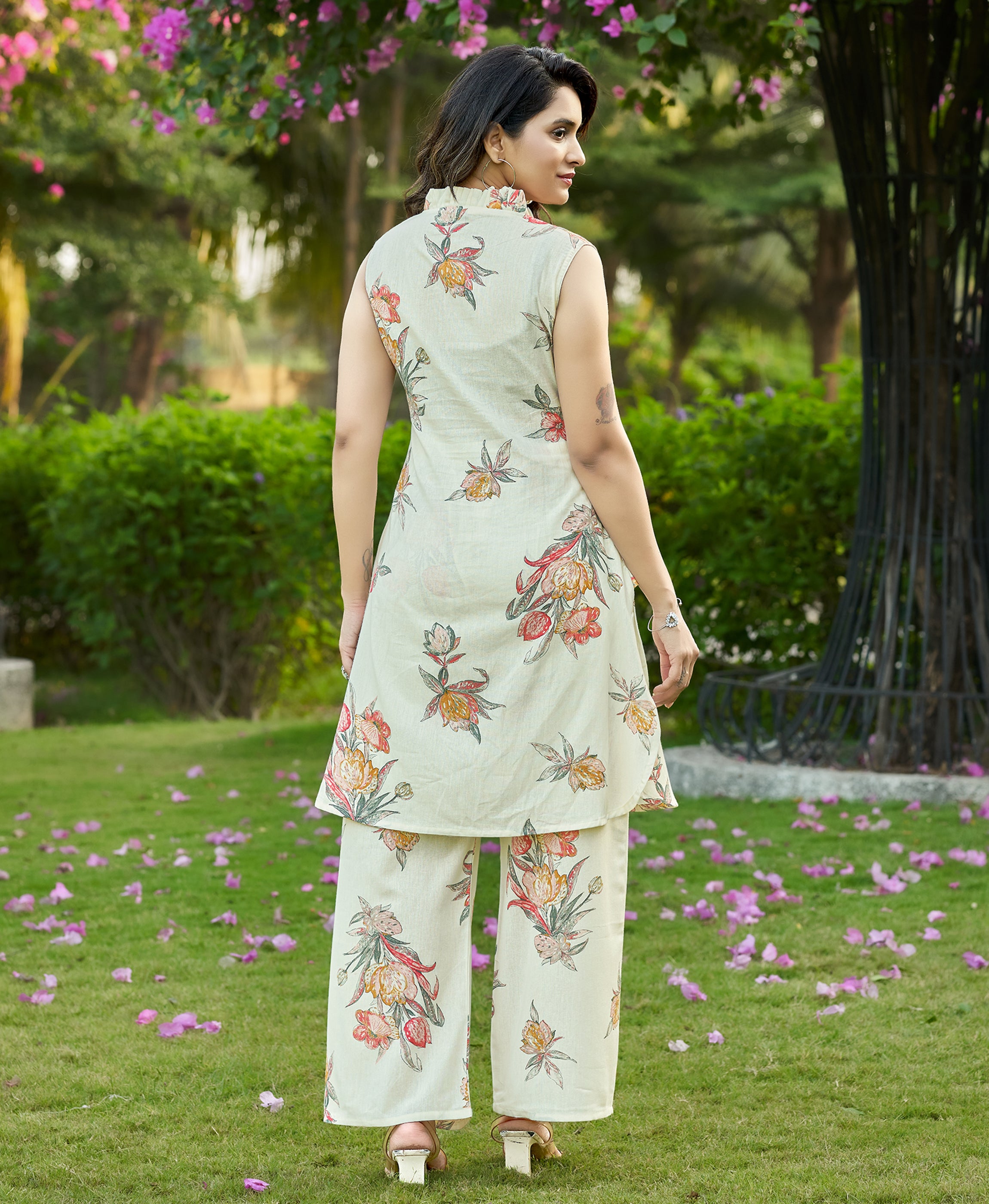 Her Couture Women's Red Cotton Floral Printed Party Co-ord Set